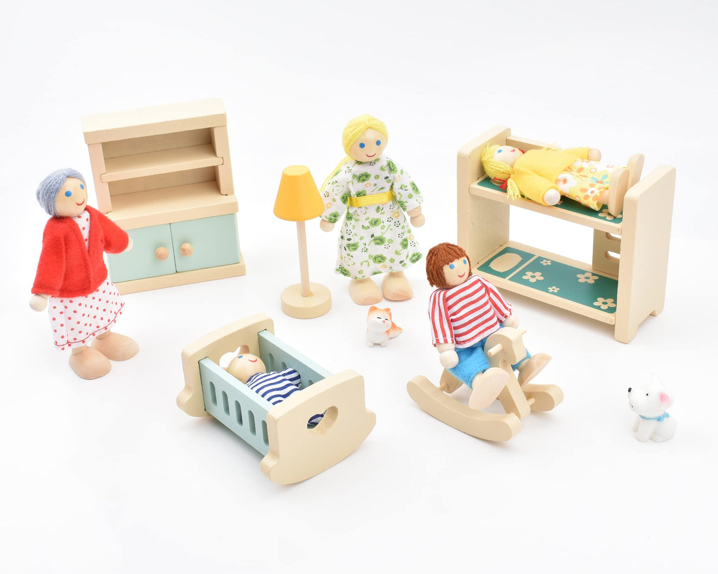 Jzszera Wooden Doll House Family Set – 8 Poseable Figures + 2 Pets