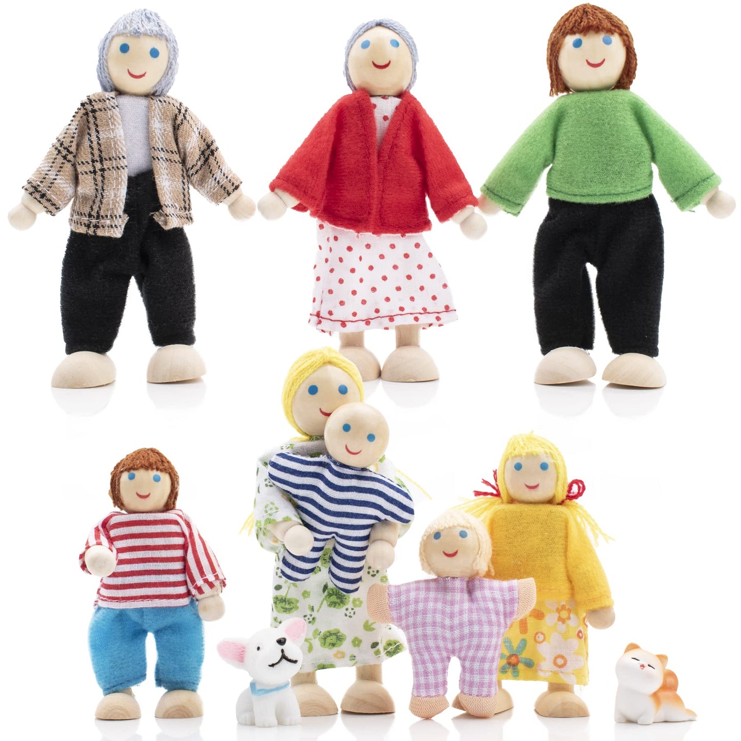 Jzszera Wooden Doll House Family Set – 8 Poseable Figures + 2 Pets