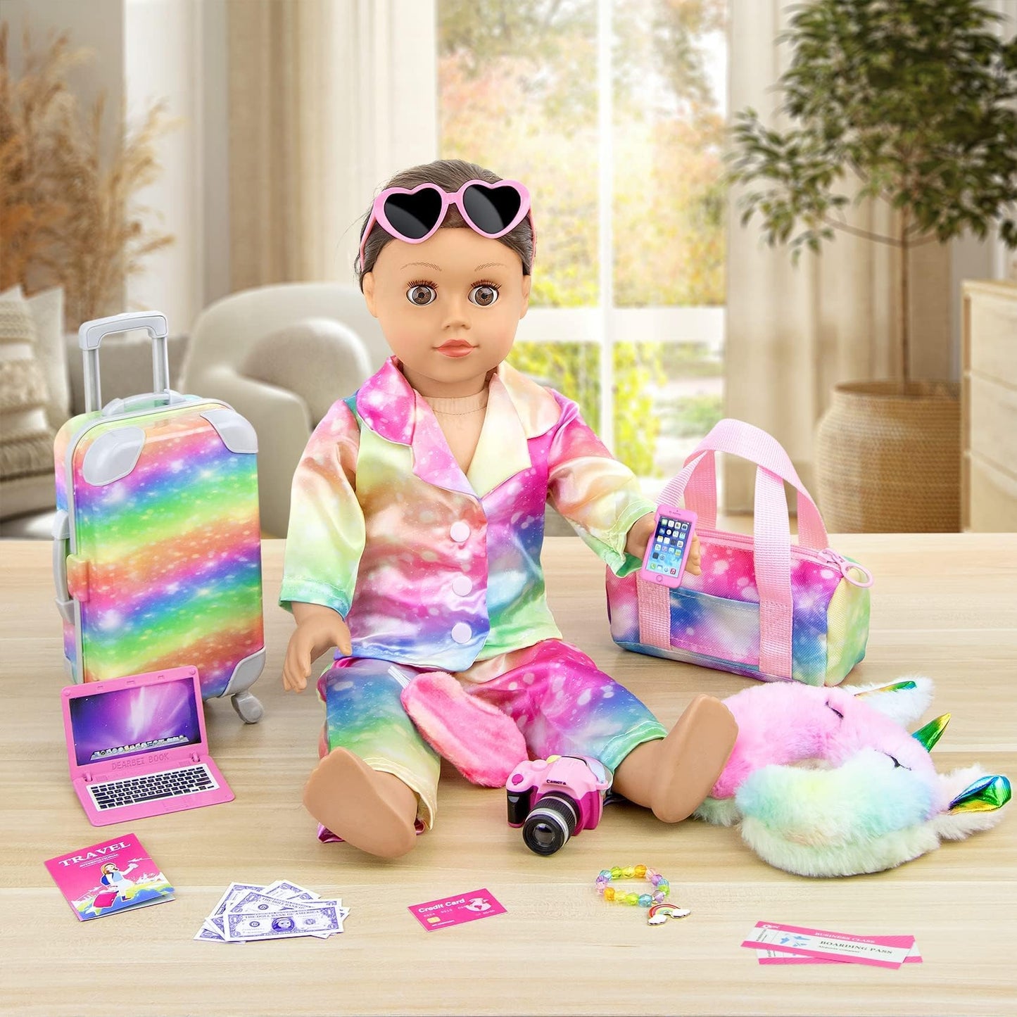 K.T. Fancy 23 PCS American 18-Inch Doll Travel Set – Rainbow Suitcase & Accessories
