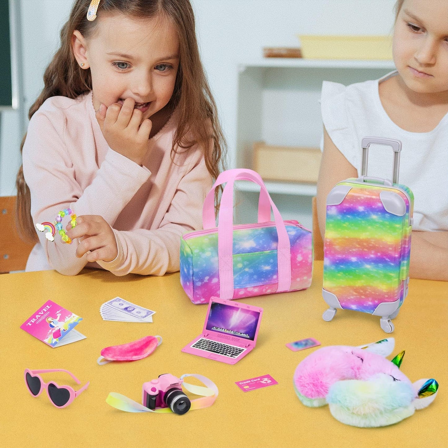 K.T. Fancy 23 PCS American 18-Inch Doll Travel Set – Rainbow Suitcase & Accessories
