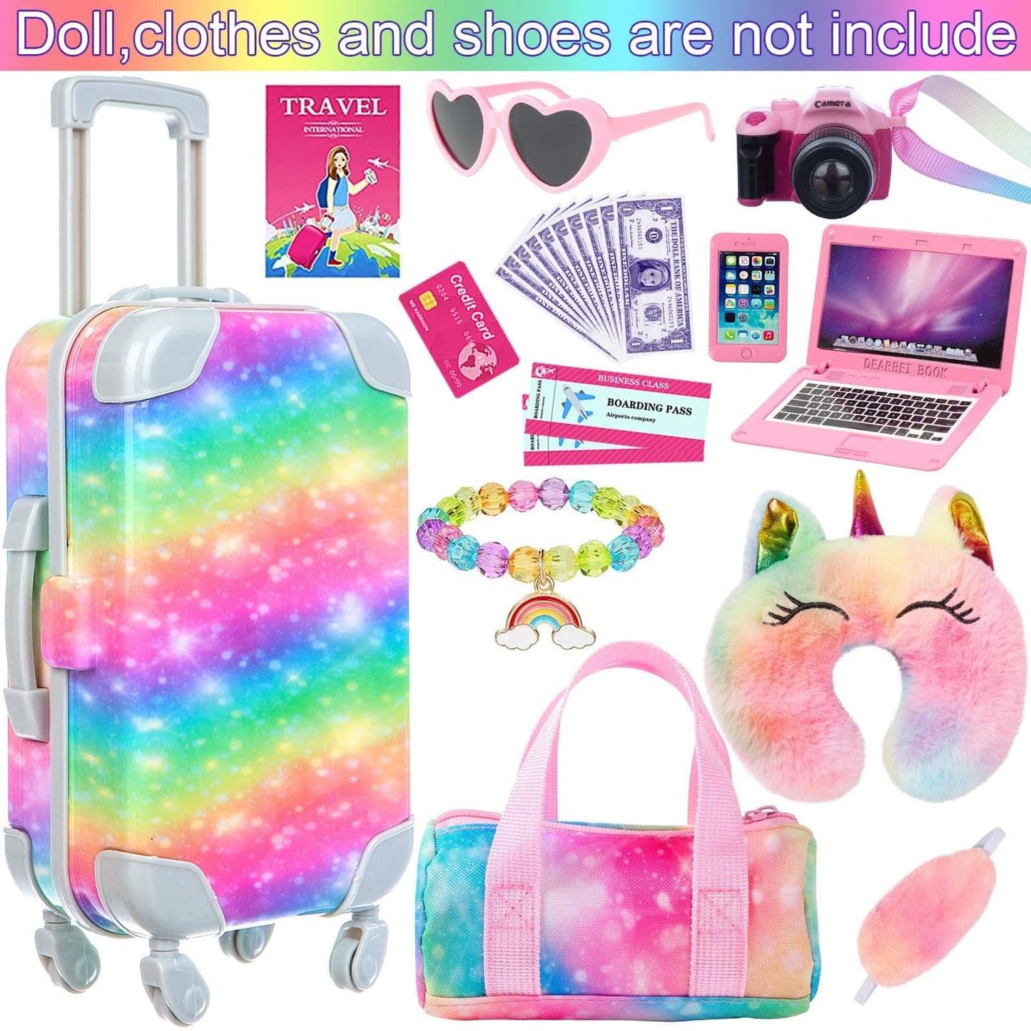K.T. Fancy 23 PCS American 18-Inch Doll Travel Set – Rainbow Suitcase & Accessories