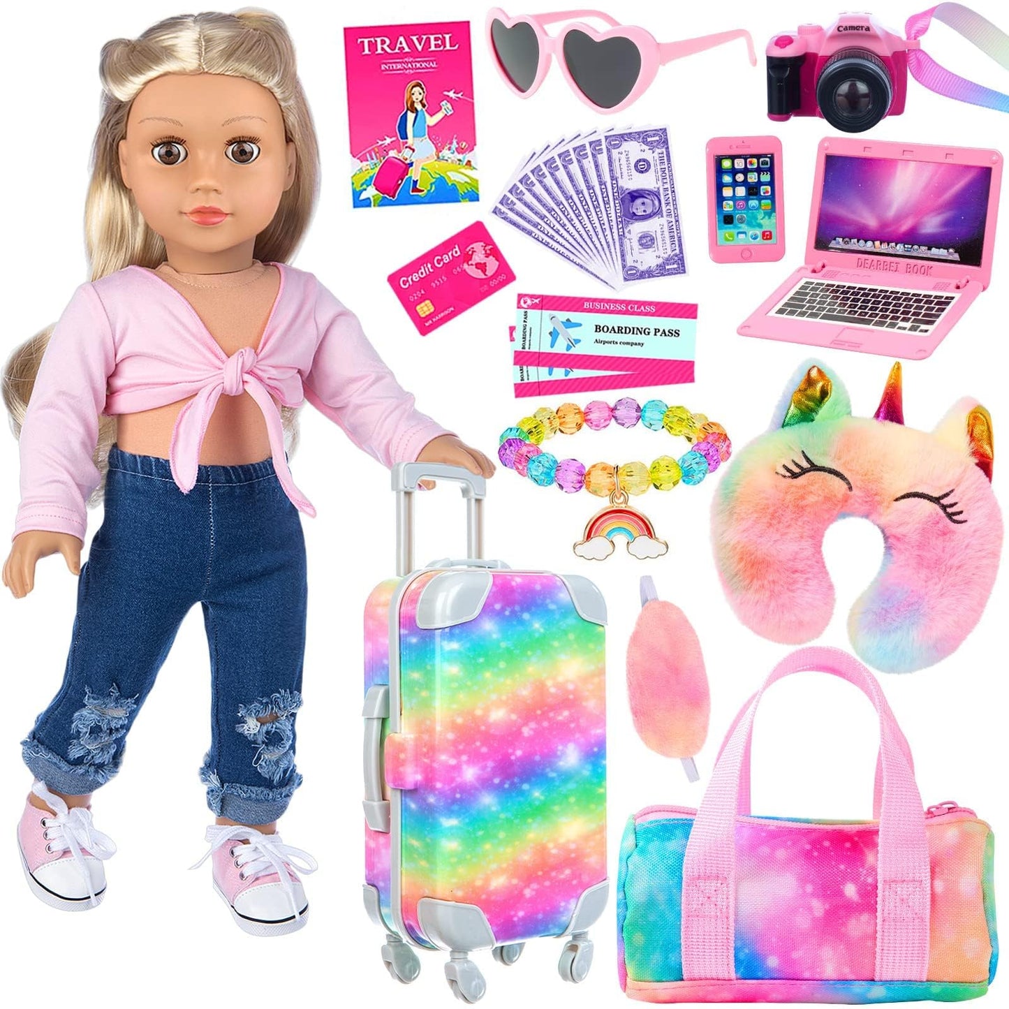 K.T. Fancy 23 PCS American 18-Inch Doll Travel Set – Rainbow Suitcase & Accessories