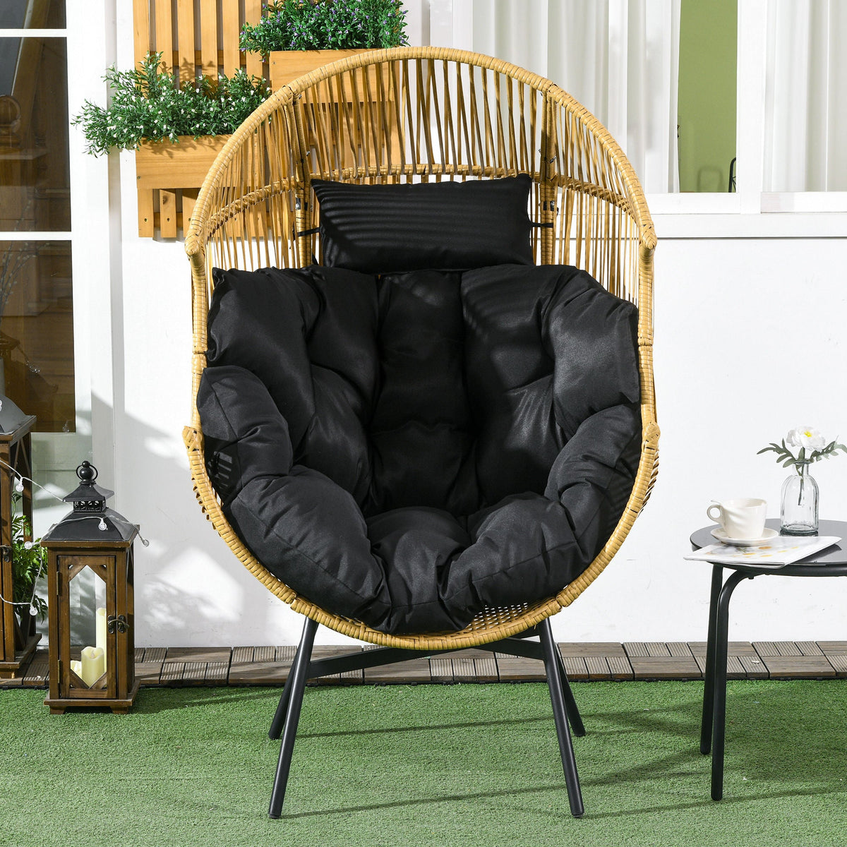 Outsunny Rattan Leisure Chair w/ Cushion, Garden Egg Chair with Headrest, Sand