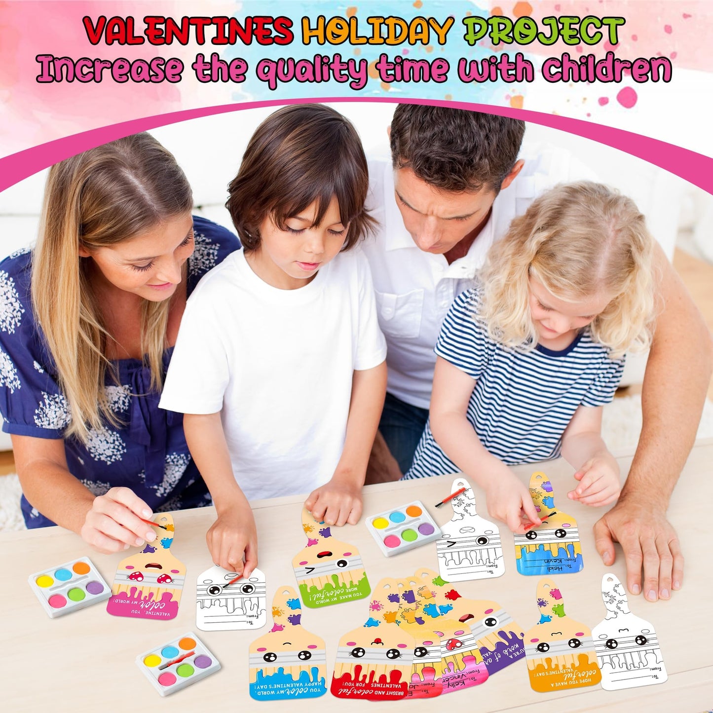 K1tpde 24-Pack Valentines Watercolor Paint Set with Gift Cards for Kids | Bulk Classroom Gifts