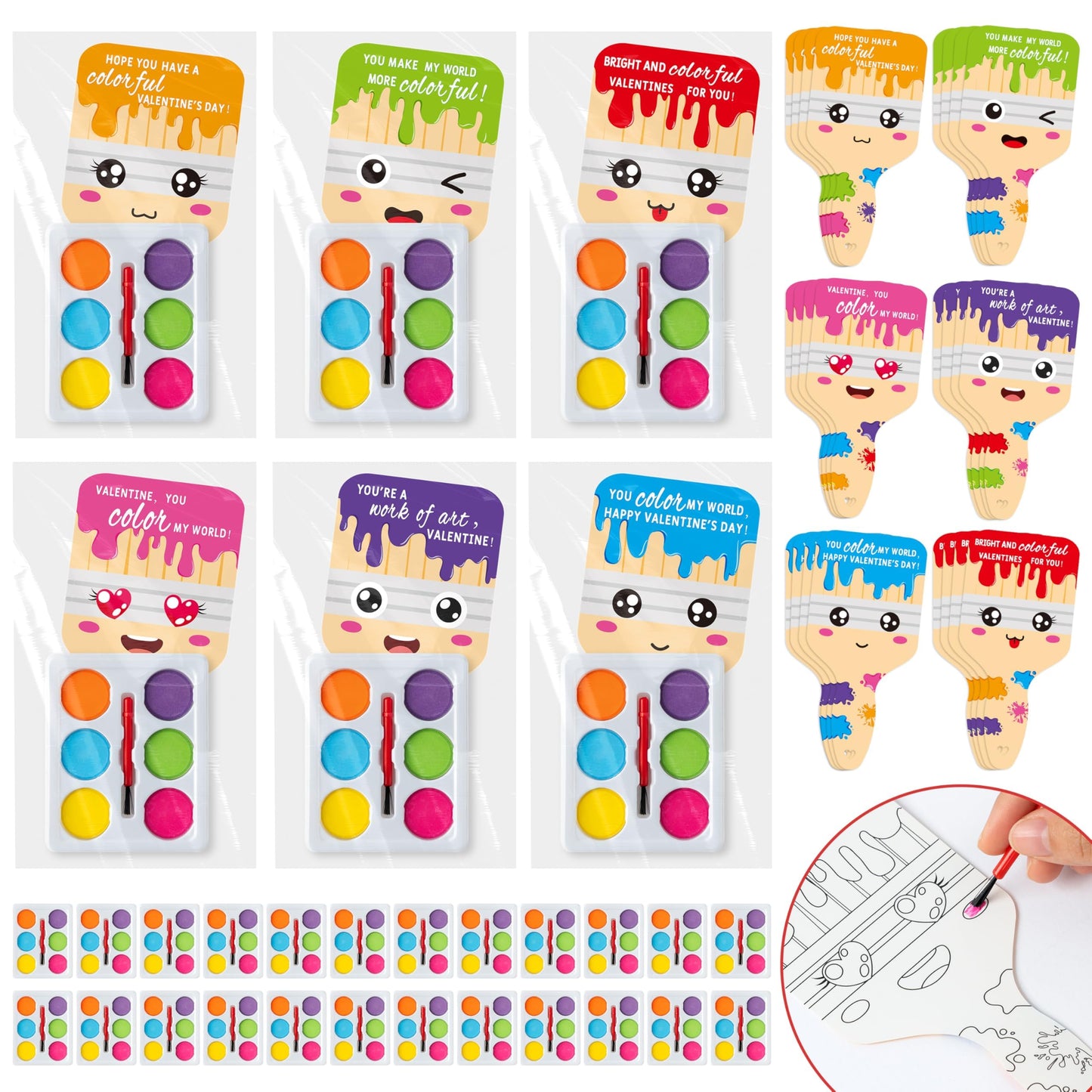 K1tpde 24-Pack Valentines Watercolor Paint Set with Gift Cards for Kids | Bulk Classroom Gifts