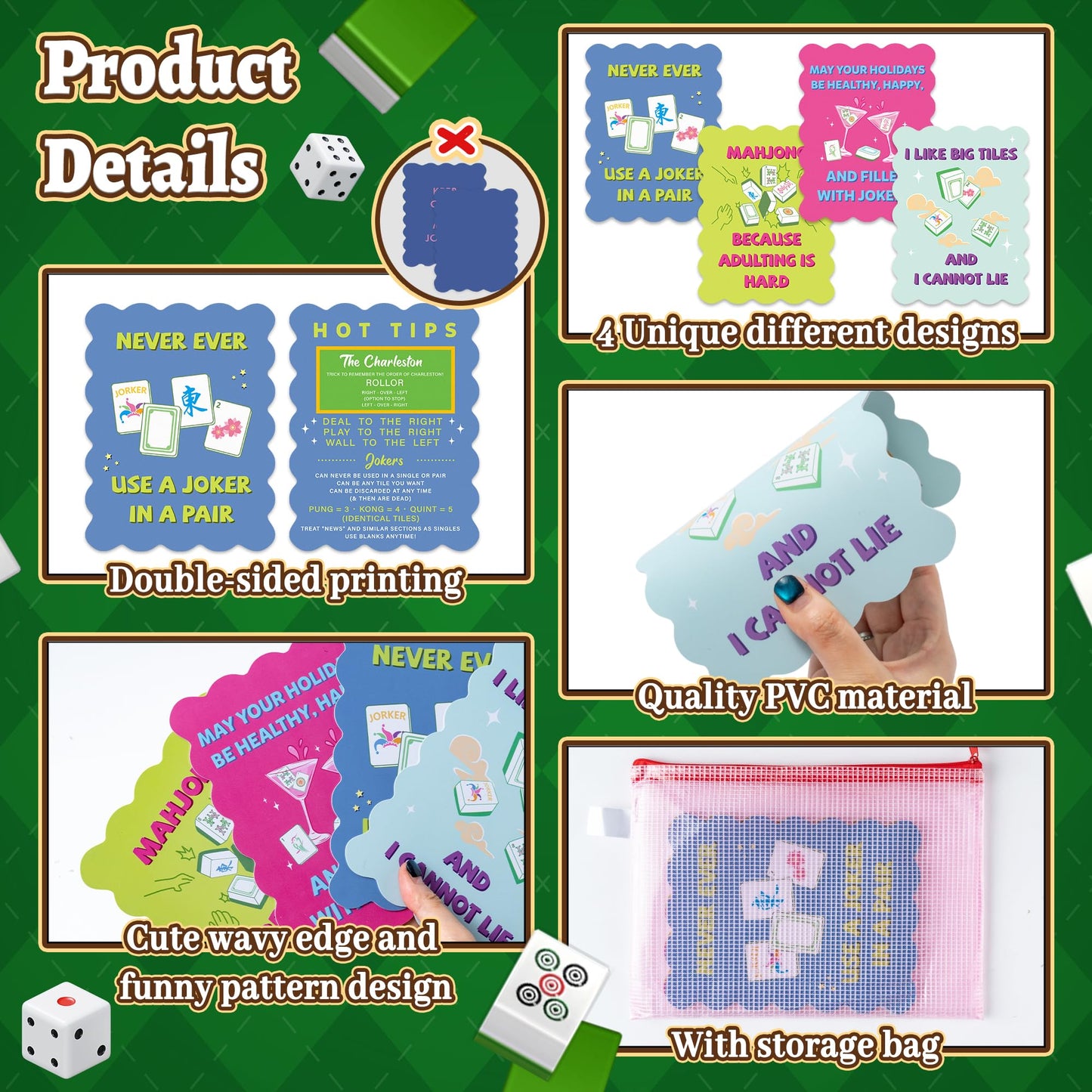 K1tpde 8PCS Mahjong Shuffler Set – Wavy Edge PVC Tiles, Storage Bag, Rules Printed