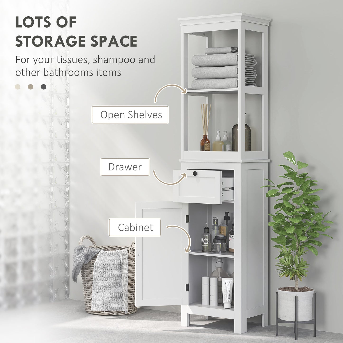 HOMCOM Slim Bathroom Storage Cabinet with Open Shelves and Drawer, White