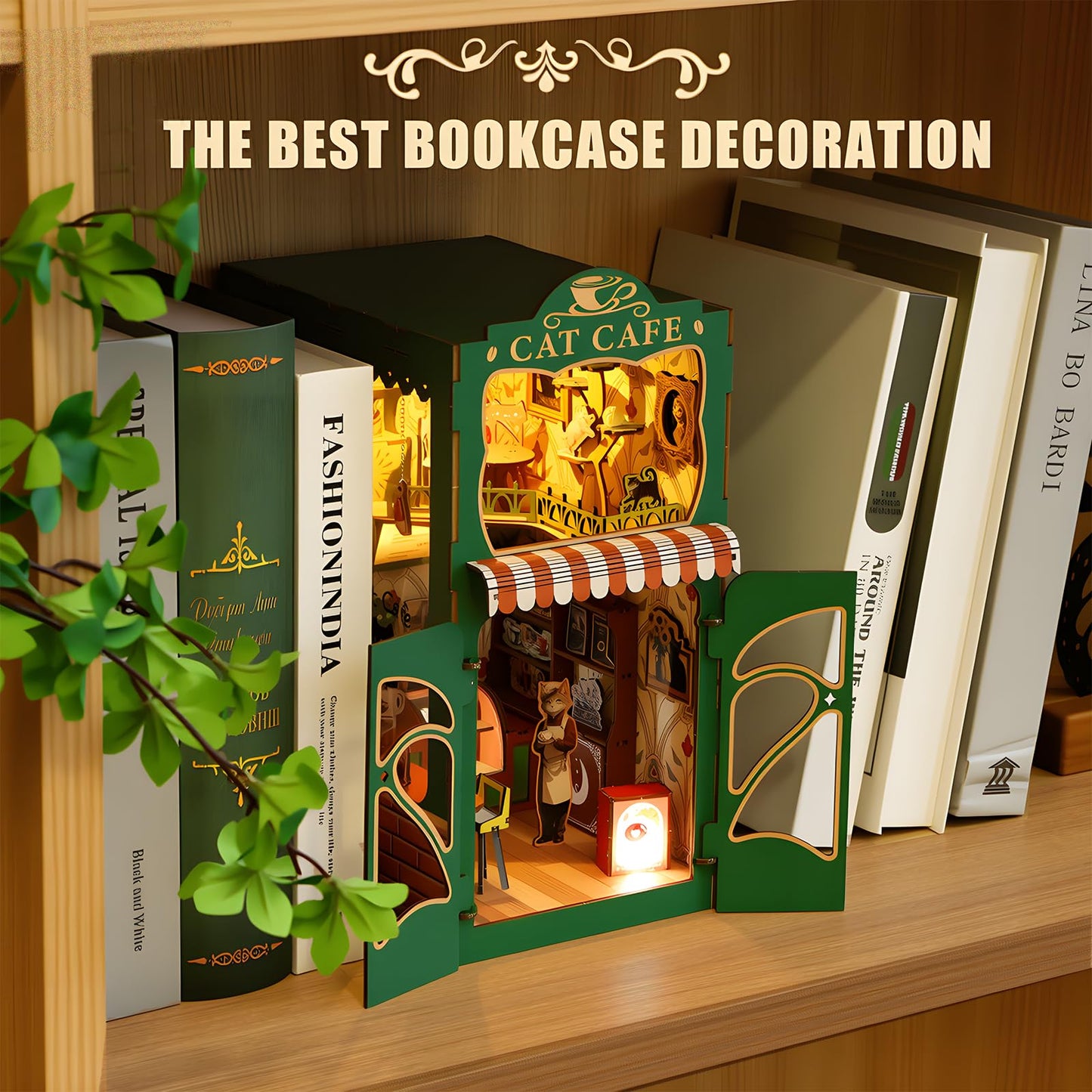 KaayeeWood Book Nook Kit – DIY Miniature Dollhouse with Cat Café Theme