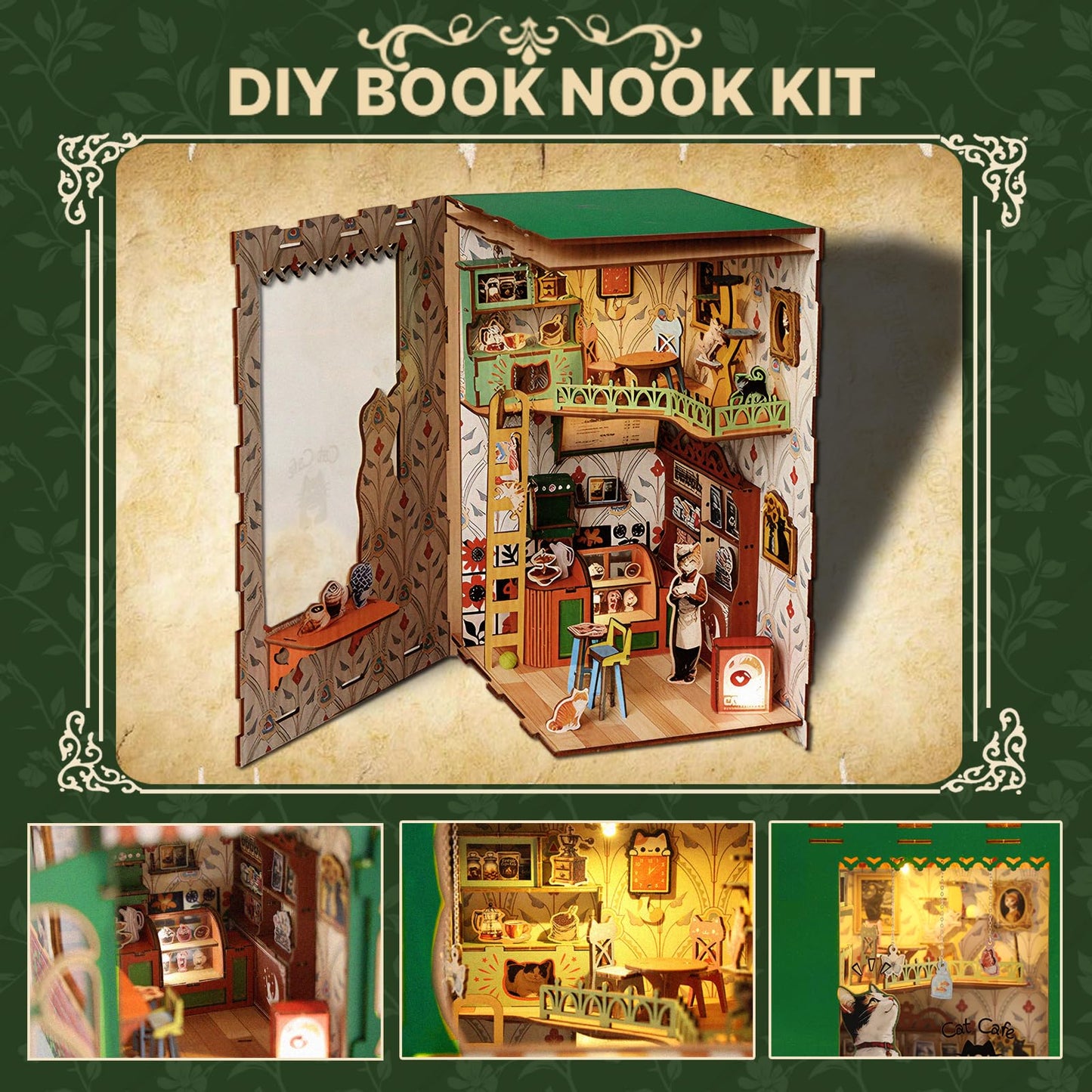KaayeeWood Book Nook Kit – DIY Miniature Dollhouse with Cat Café Theme