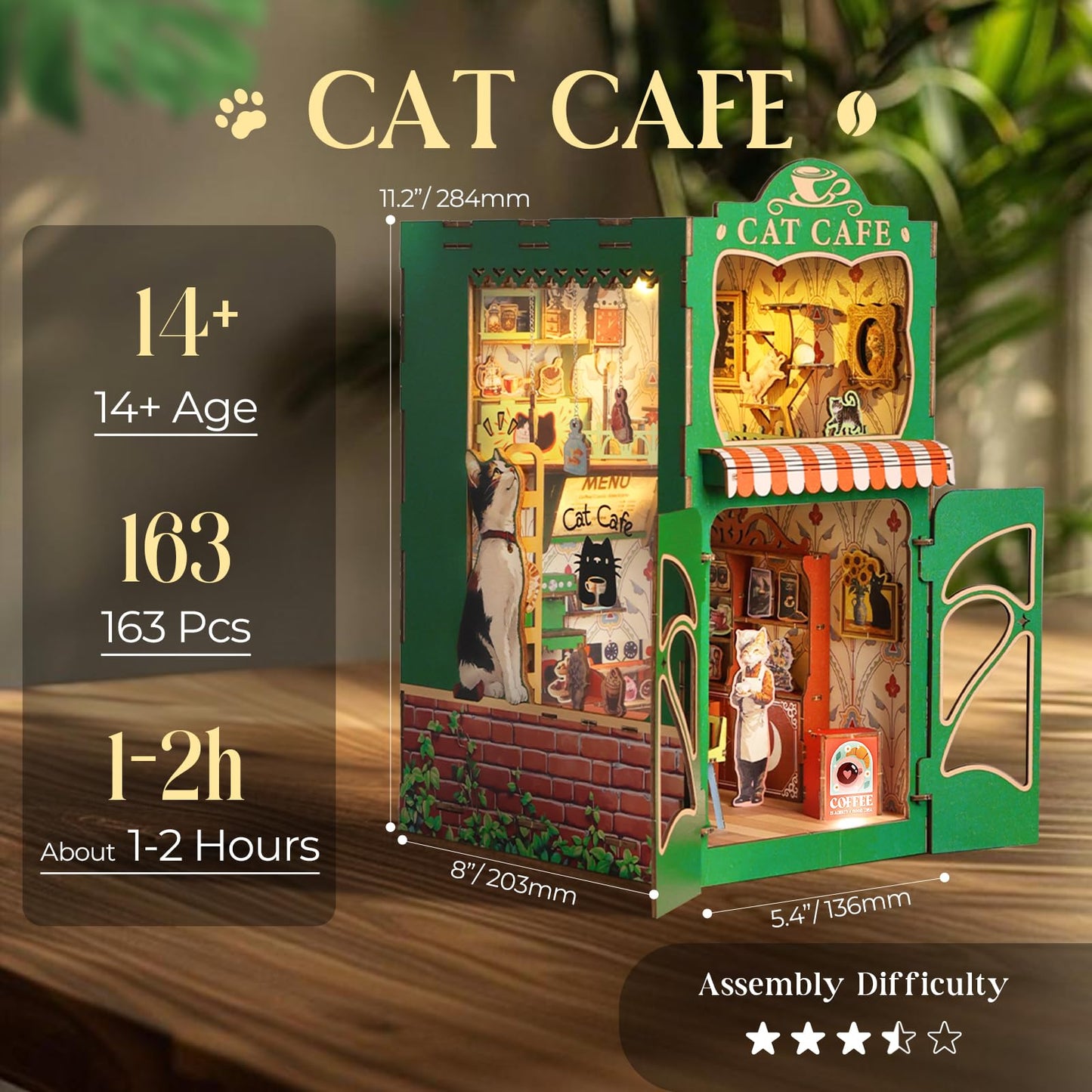 KaayeeWood Book Nook Kit – DIY Miniature Dollhouse with Cat Café Theme