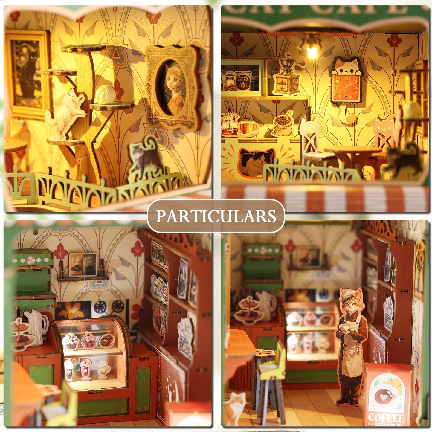 KaayeeWood Book Nook Kit – DIY Miniature Dollhouse with Cat Café Theme
