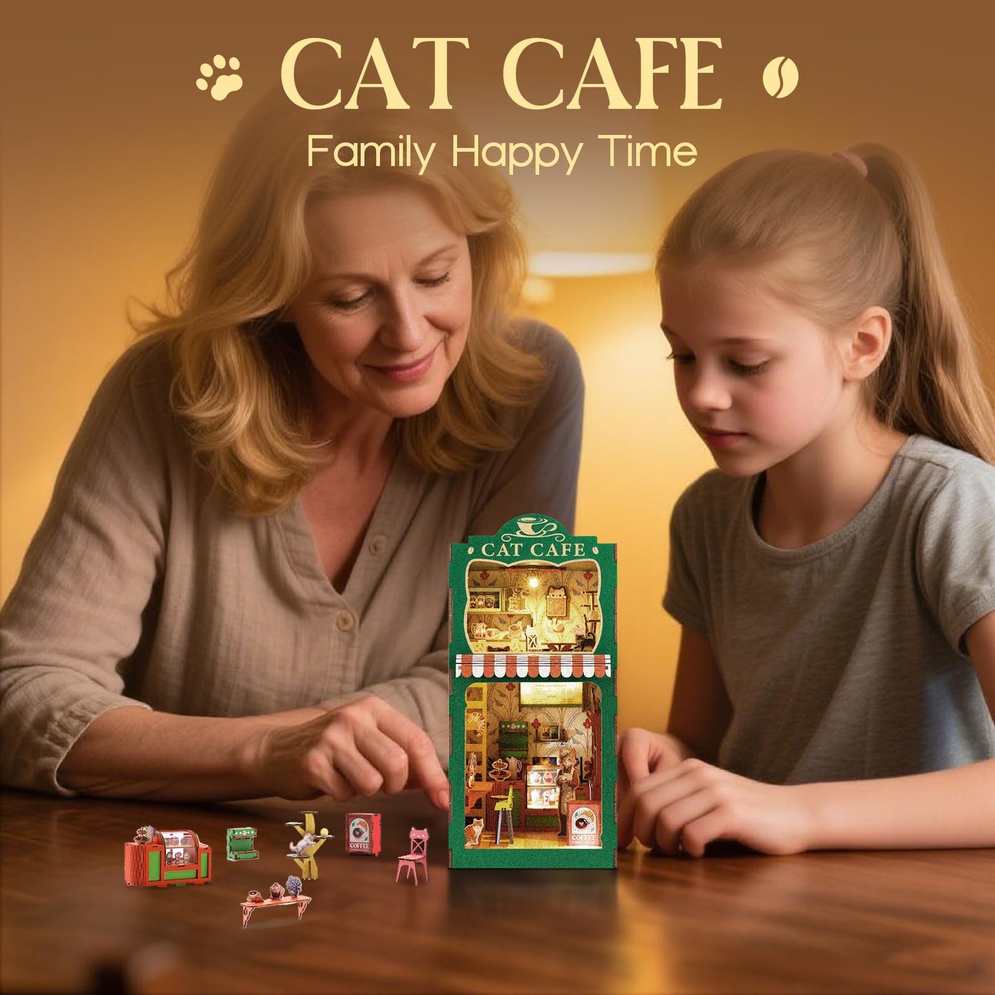 KaayeeWood Book Nook Kit – DIY Miniature Dollhouse with Cat Café Theme
