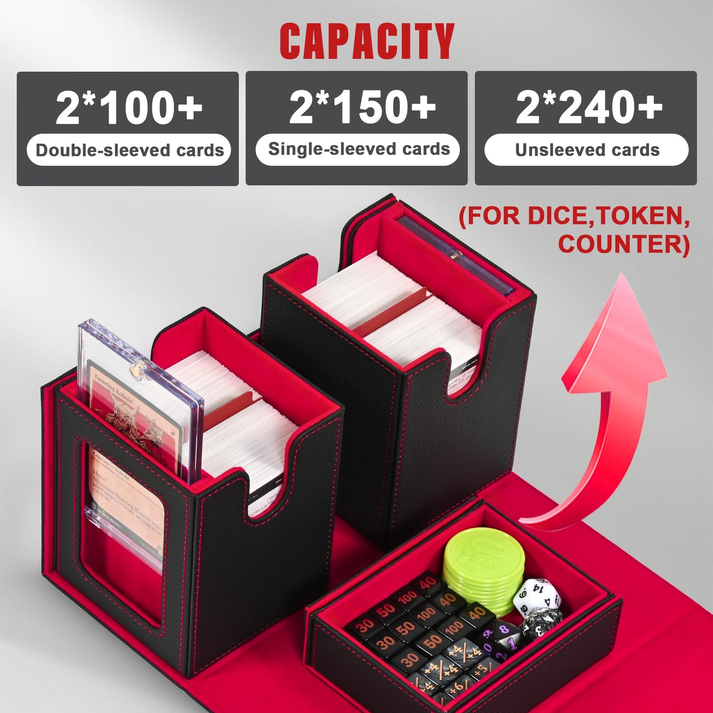 Kabinka 3-in-1 MTG Deck Box with Commander Display – Fits 200 Double-Sleeved Cards | Black Red