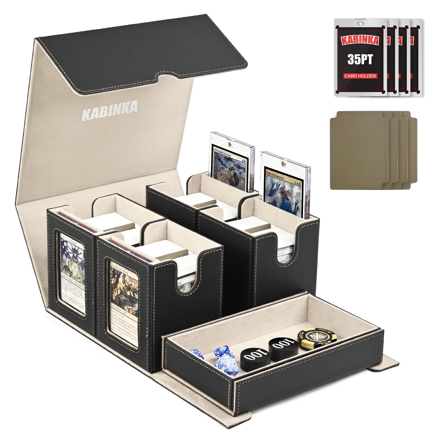 Kabinka 5-in-1 Deck Box with Commander Display | 400+ Double-Sleeved Card Capacity, Magnetic Card Holders, and Dice Tray (Black Gold)