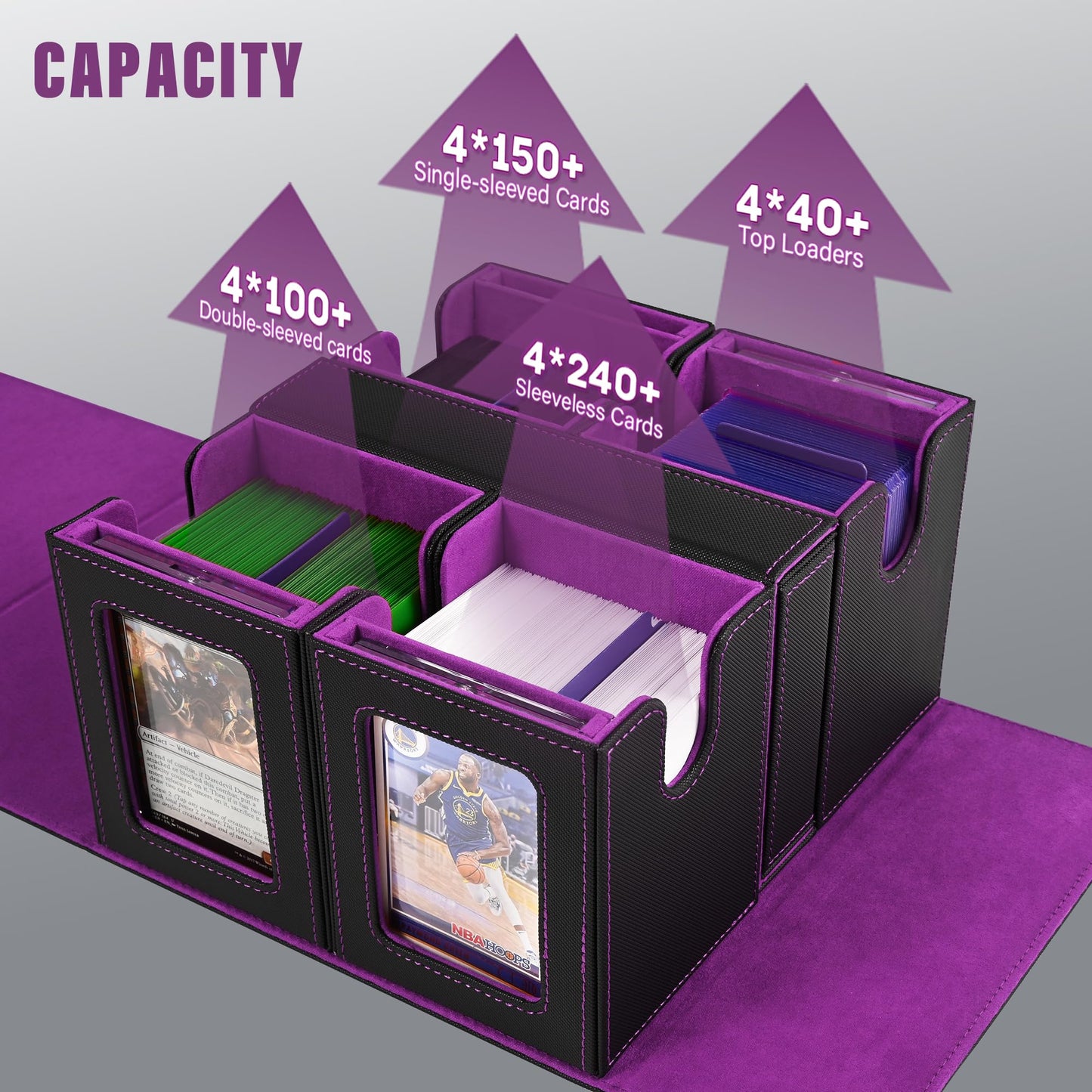 Kabinka Commander Deck Box – Fits 400+ Cards, 5-in-1 Case with Dice Tray & Magnetic Holders (Black/Purple)