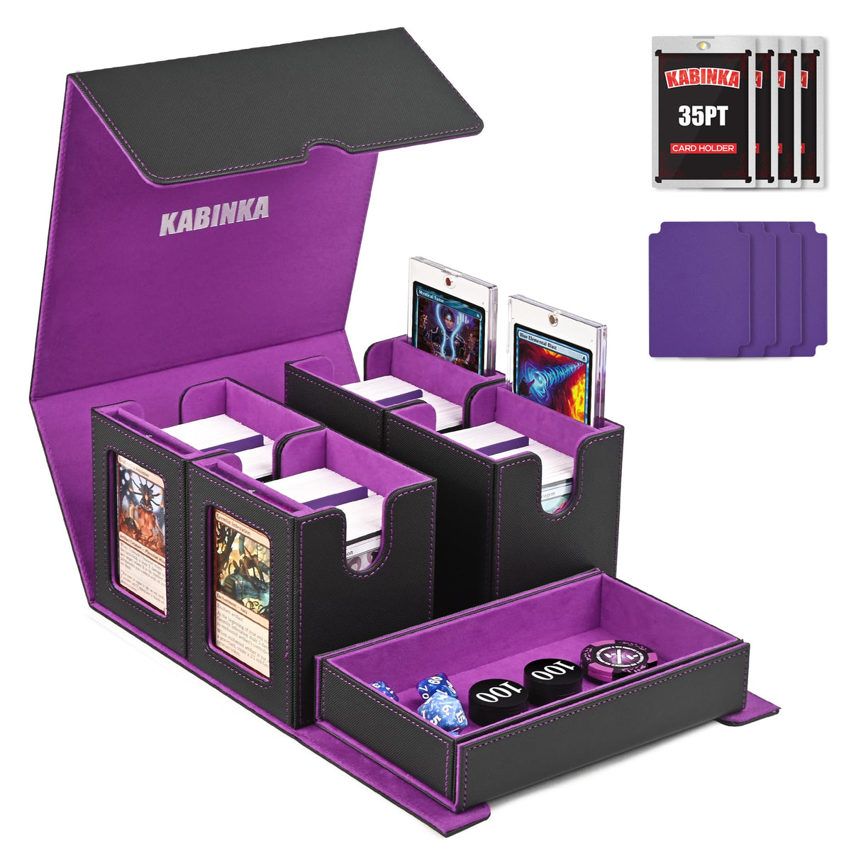 Kabinka Commander Deck Box – Fits 400+ Cards, 5-in-1 Case with Dice Tray & Magnetic Holders (Black/Purple)