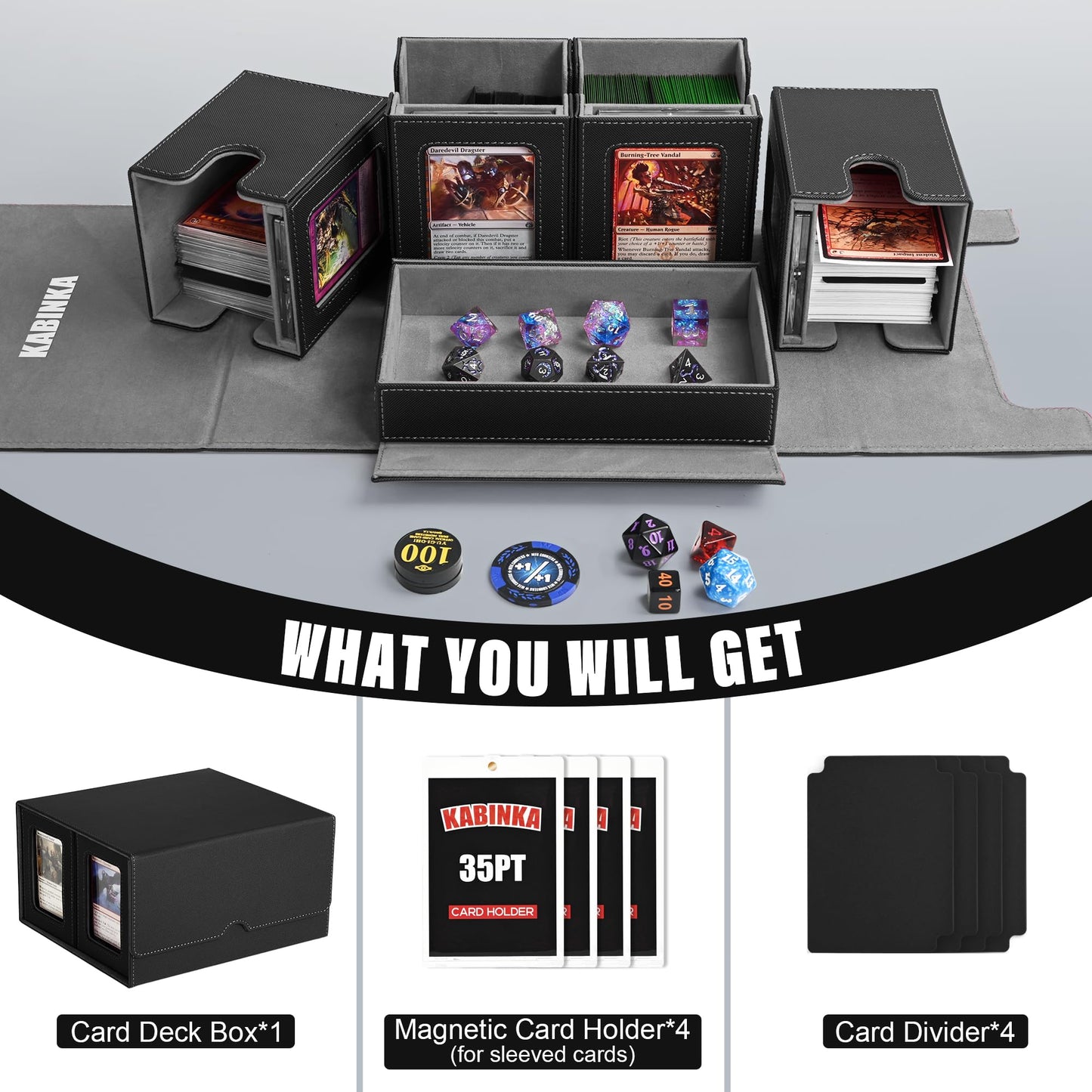 Kabinka Commander Deck Box for MTG — 400+ Cards, 5-in-1 Case with Dice Tray (Black)