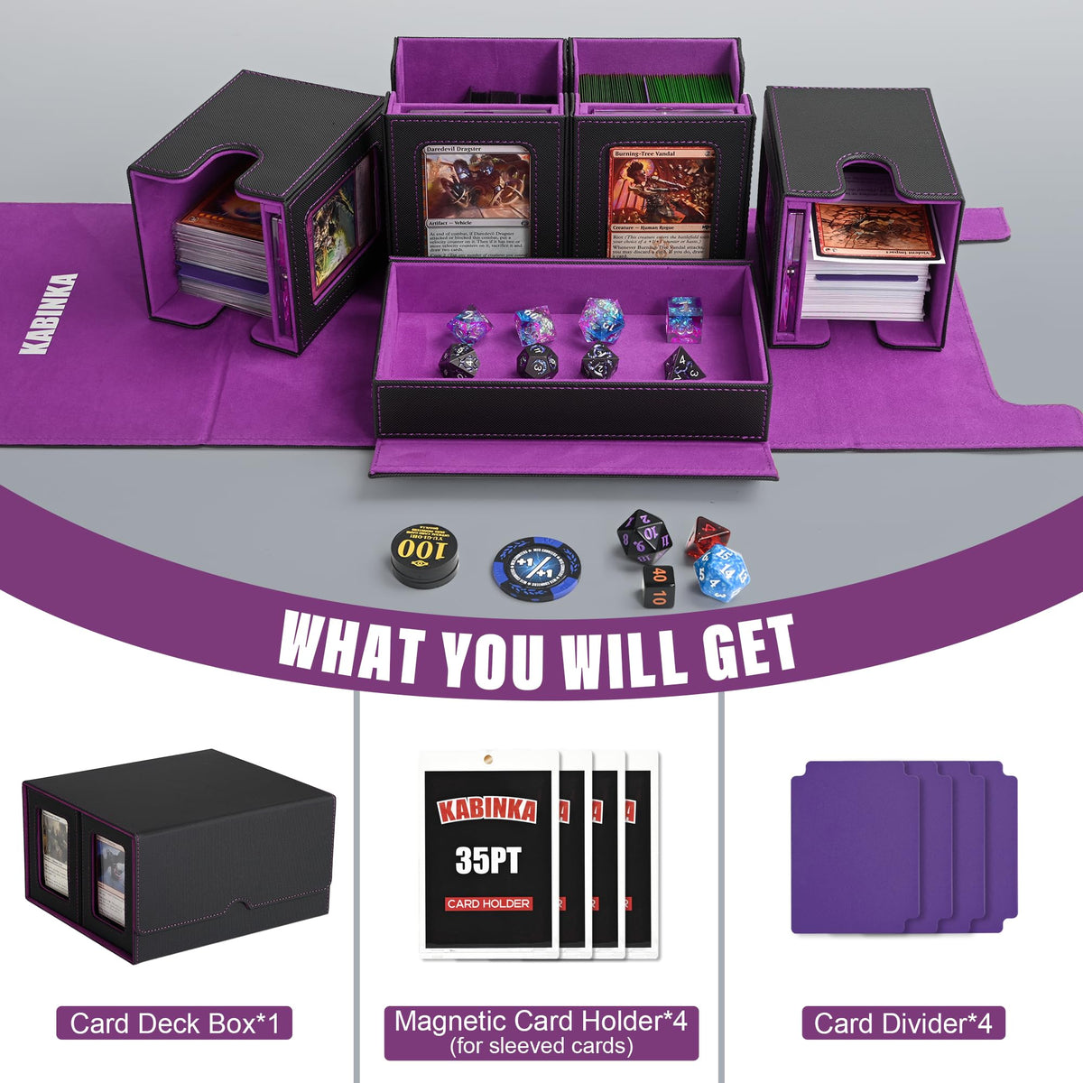 Kabinka Commander Deck Box – Fits 400+ Cards, 5-in-1 Case with Dice Tray & Magnetic Holders (Black/Purple)