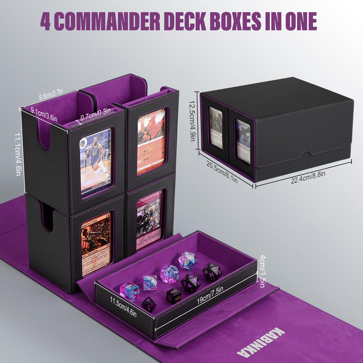 Kabinka Commander Deck Box – Fits 400+ Cards, 5-in-1 Case with Dice Tray & Magnetic Holders (Black/Purple)