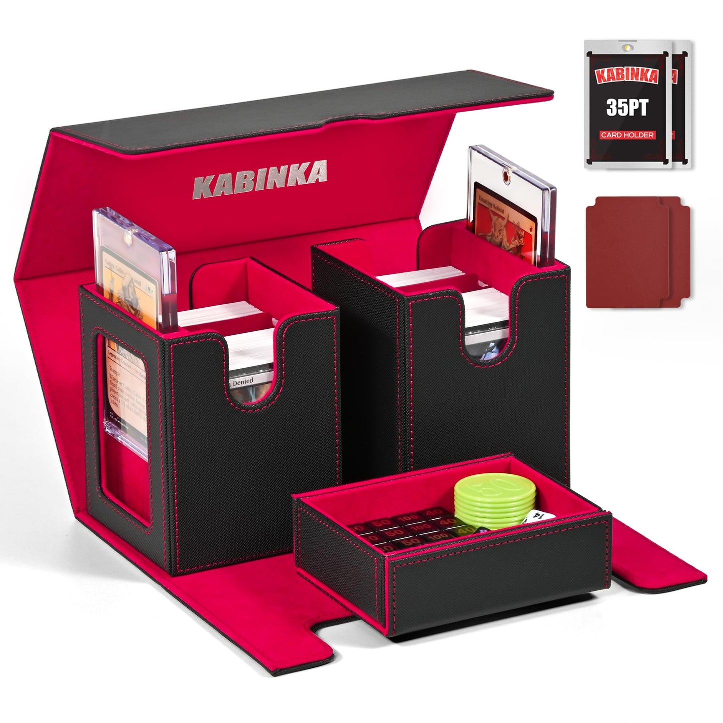 Kabinka 3-in-1 MTG Deck Box with Commander Display – Fits 200 Double-Sleeved Cards | Black Red