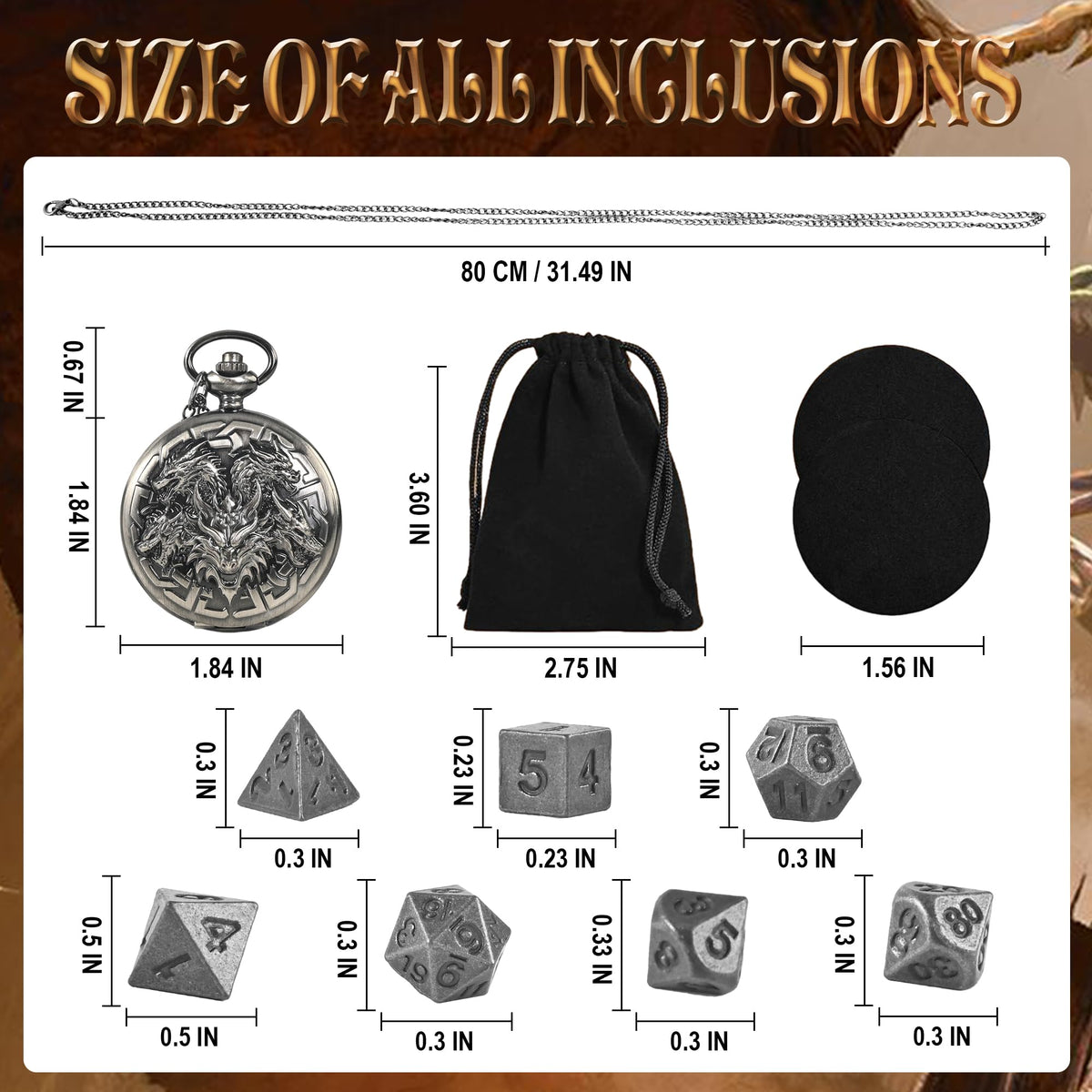 Kabinka DND Dice Set: 7pc Mini Metal Dice in Pocket Watch Necklace | Dragon & Lich Pattern