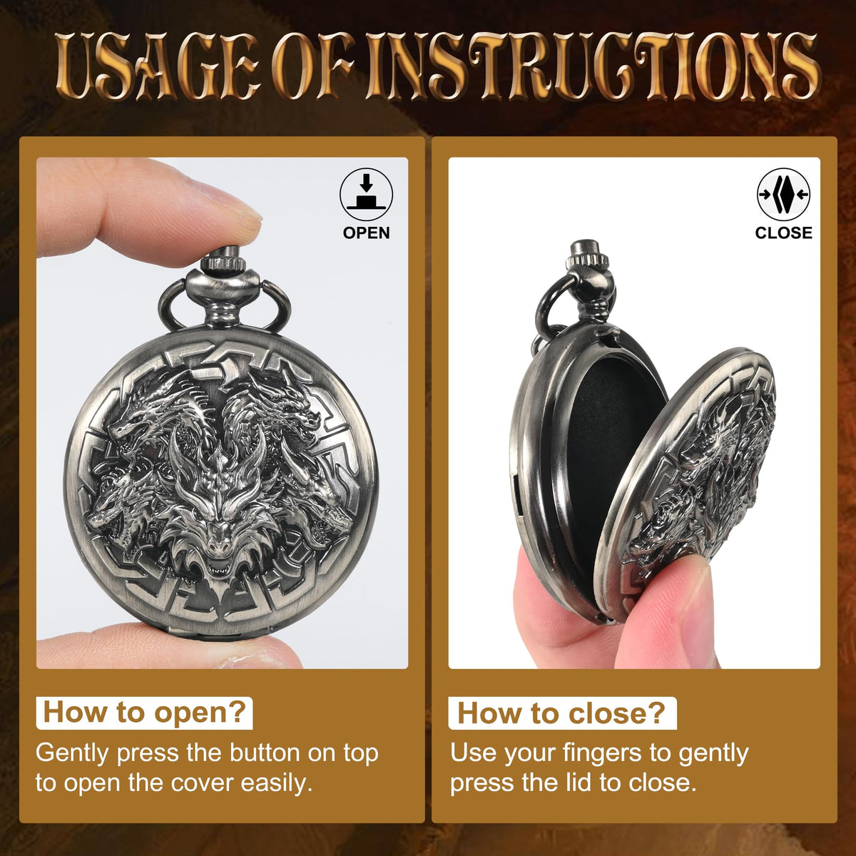 Kabinka DND Dice Set: 7pc Mini Metal Dice in Pocket Watch Necklace | Dragon & Lich Pattern