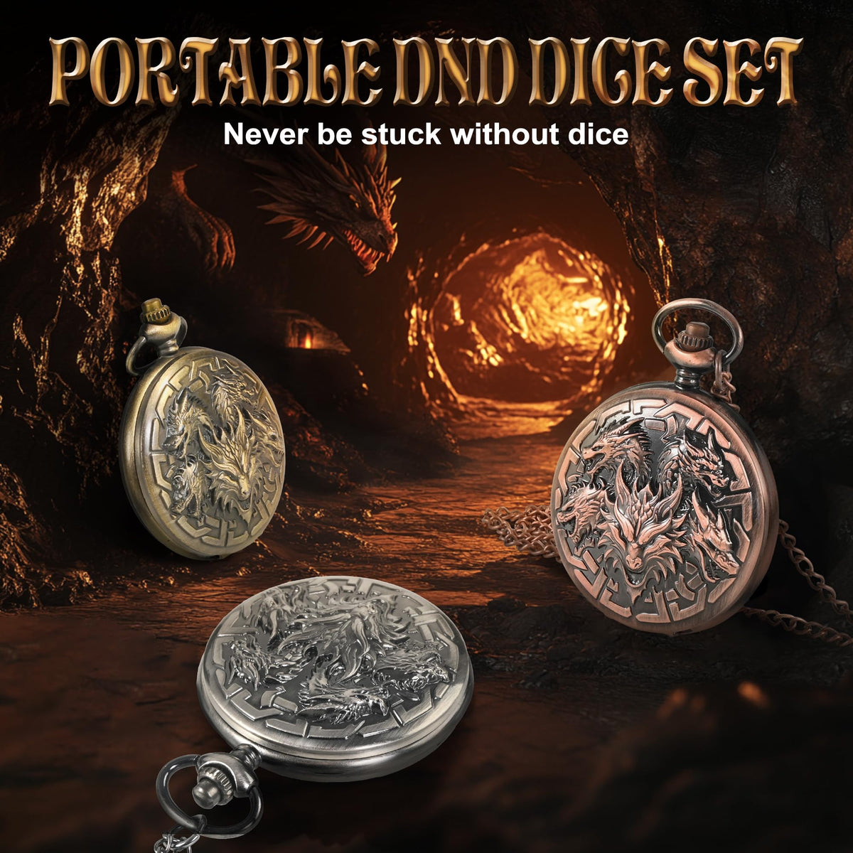 Kabinka DND Dice Set: 7pc Mini Metal Dice in Pocket Watch Necklace | Dragon & Lich Pattern
