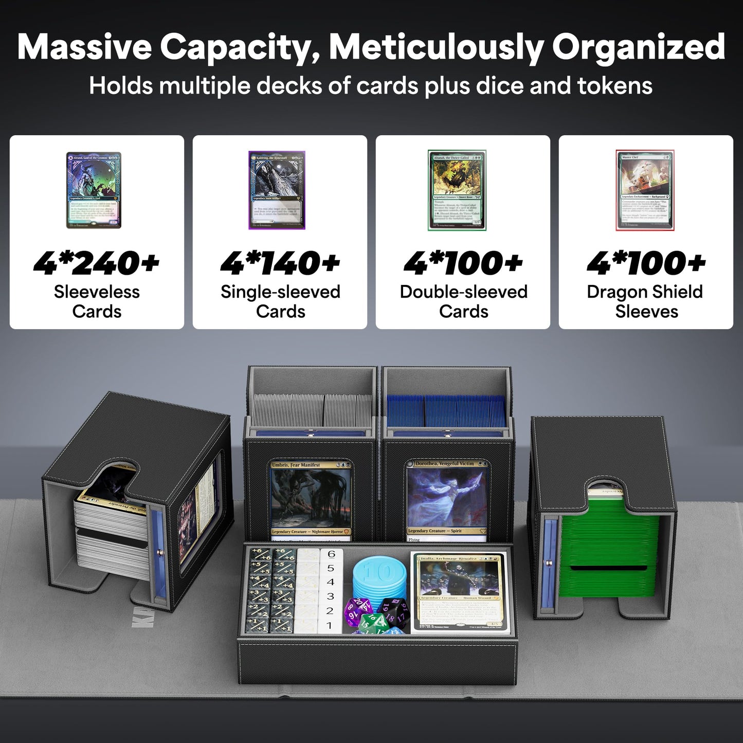 Kabinka Commander Deck Box for MTG — 5-in-1 Multi Deck Case with Handle, 400+ Cards, Large Dice Tray, 35PT Card Holders (Black)