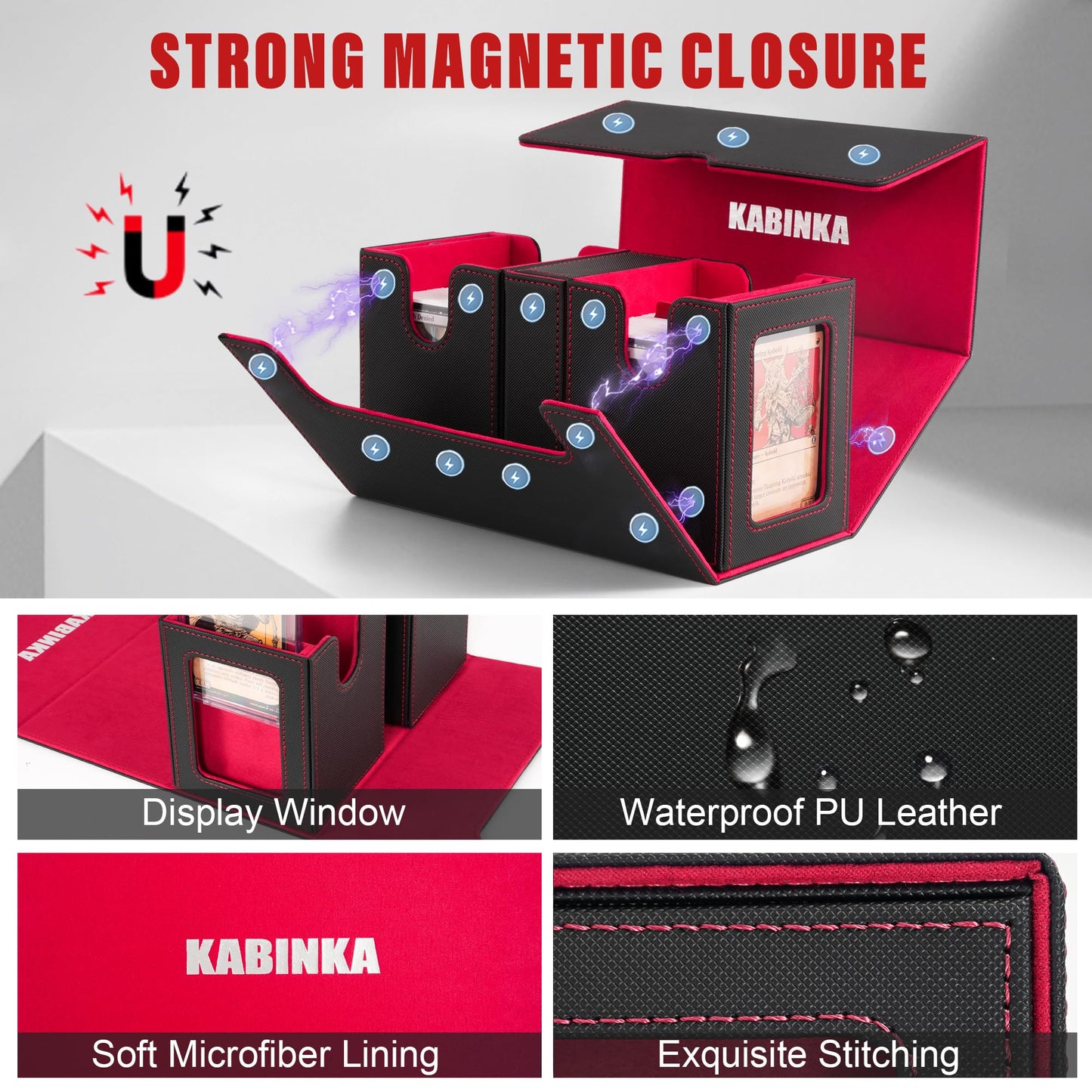 Kabinka 3-in-1 MTG Deck Box with Commander Display – Fits 200 Double-Sleeved Cards | Black Red