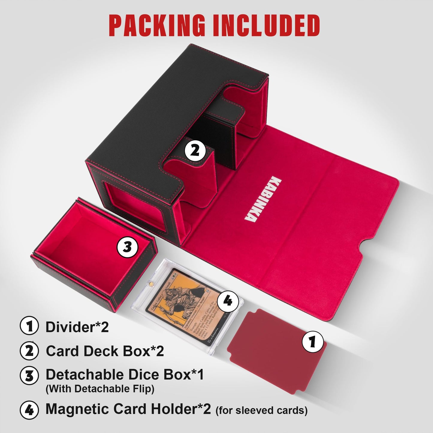 Kabinka 3-in-1 MTG Deck Box with Commander Display – Fits 200 Double-Sleeved Cards | Black Red