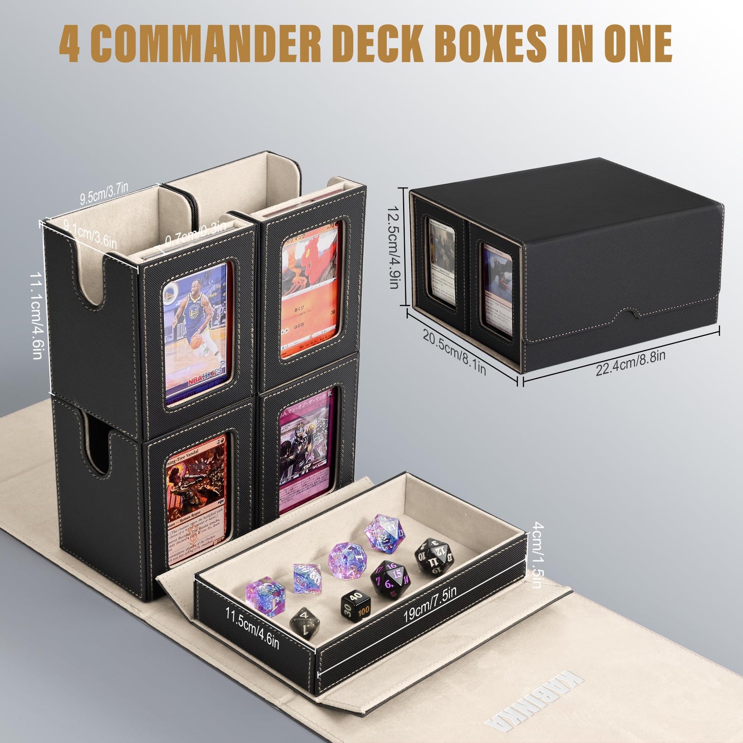 Kabinka 5-in-1 Deck Box with Commander Display | 400+ Double-Sleeved Card Capacity, Magnetic Card Holders, and Dice Tray (Black Gold)
