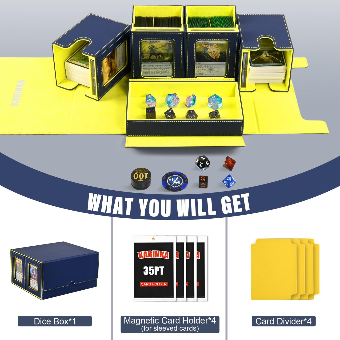 Kabinka 5-in-1 Card Deck Box with Commander Display — 400+ Cards (Blue Yellow)