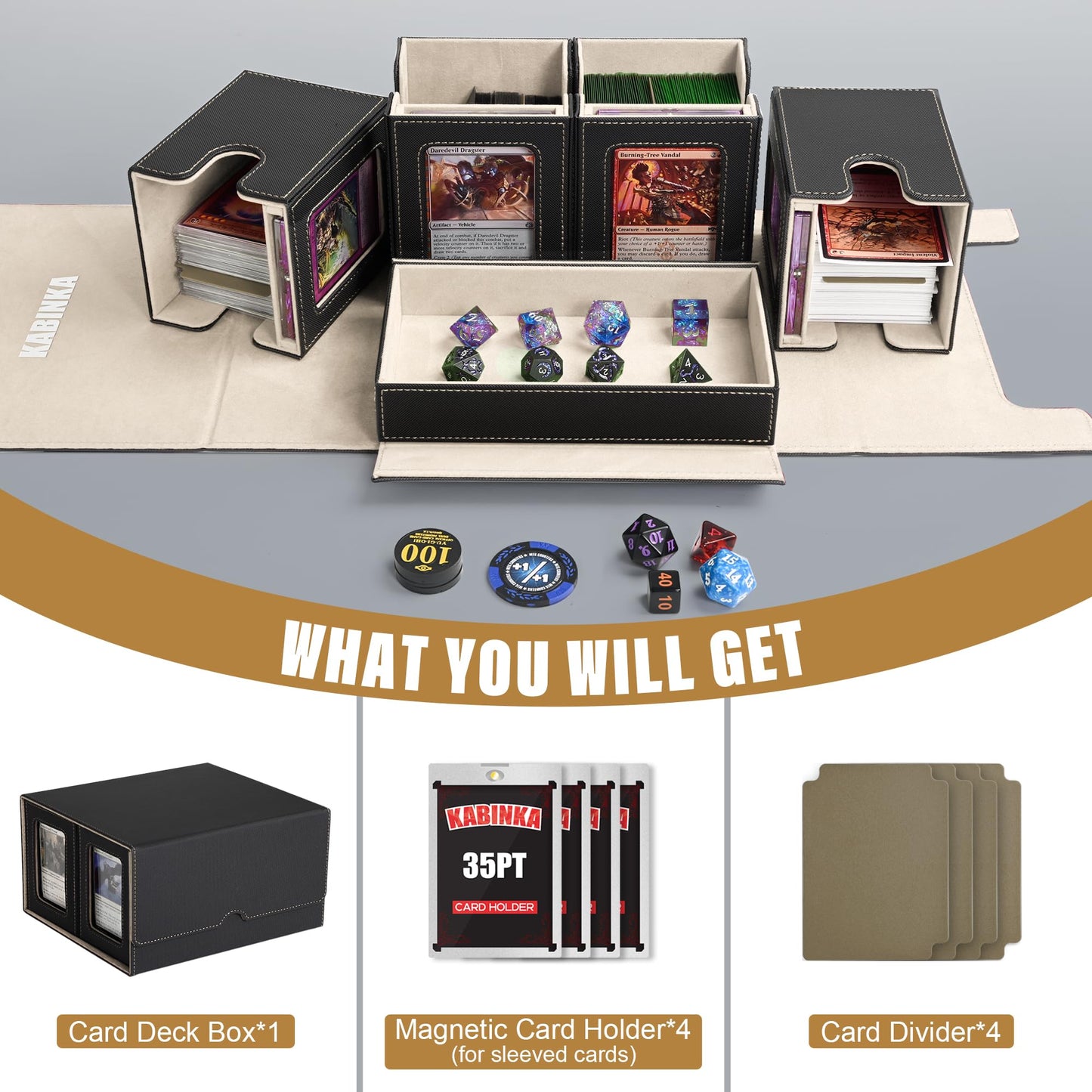 Kabinka 5-in-1 Deck Box with Commander Display | 400+ Double-Sleeved Card Capacity, Magnetic Card Holders, and Dice Tray (Black Gold)