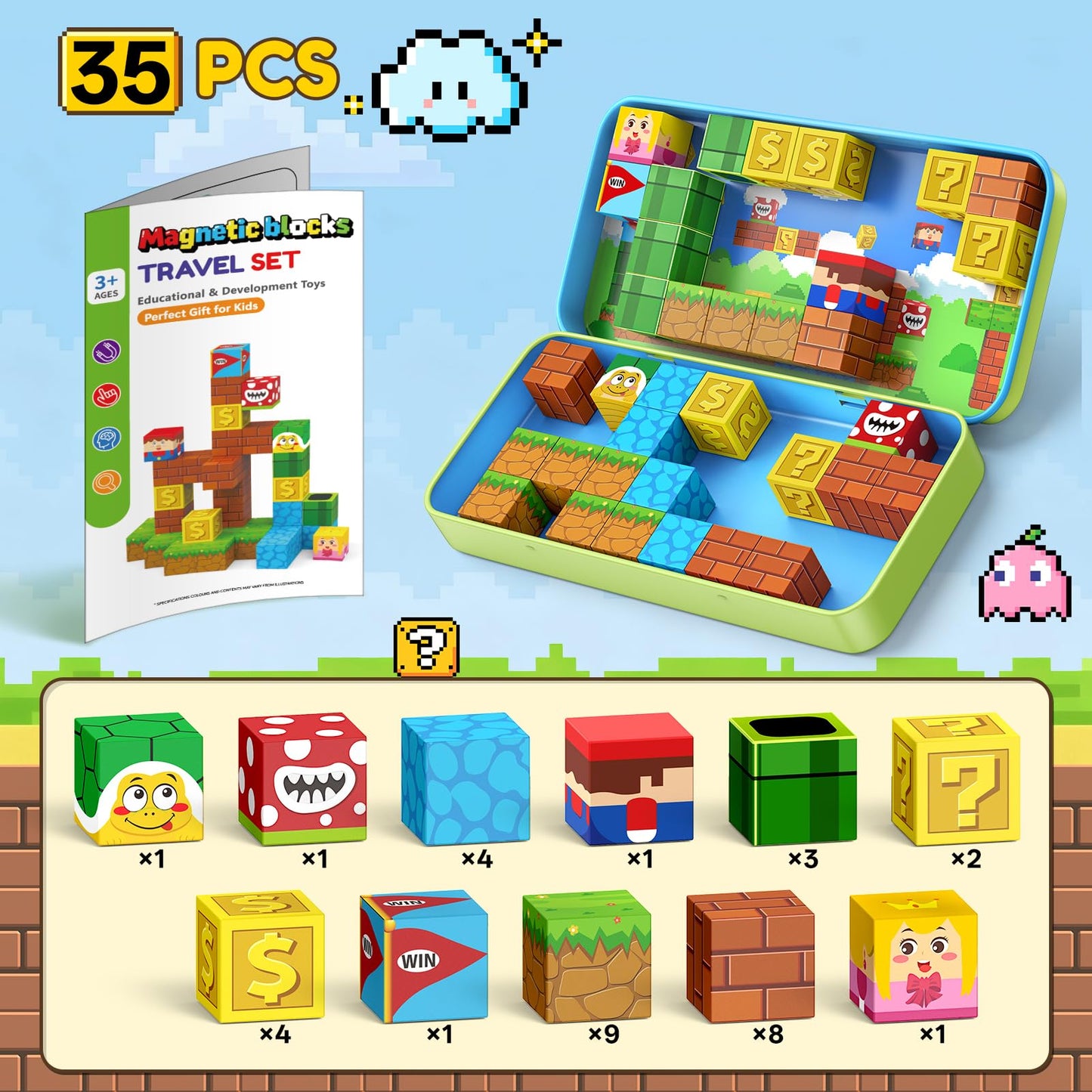 KAEILORU Magnetic Blocks Travel Toys – 35 PCS STEM Cubes for Kids 3-8