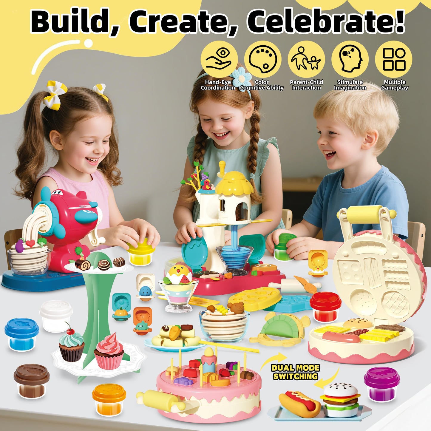 Kaelinda 77 Pcs 4-in-1 Playdough Set for Kids 2-8 – Ice Cream, Noodle, Cake & Hamburger Molds
