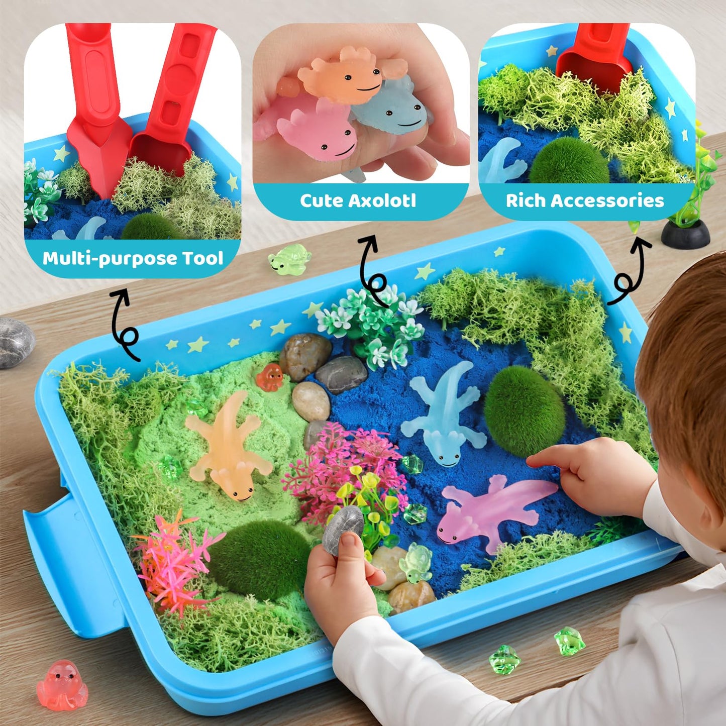 Kaelinda Axolotl Sensory Bin for Kids – Glow Sand Sandbox with Lid
