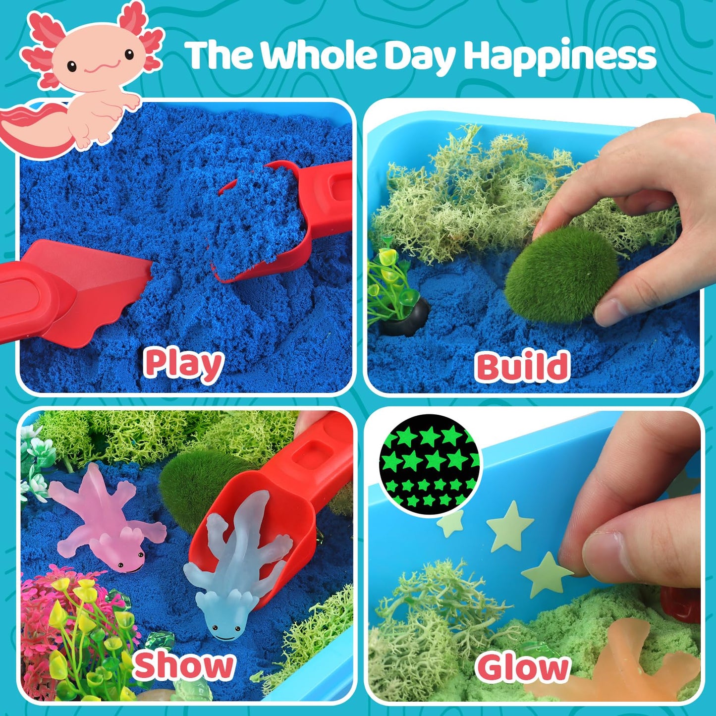 Kaelinda Axolotl Sensory Bin for Kids – Glow Sand Sandbox with Lid