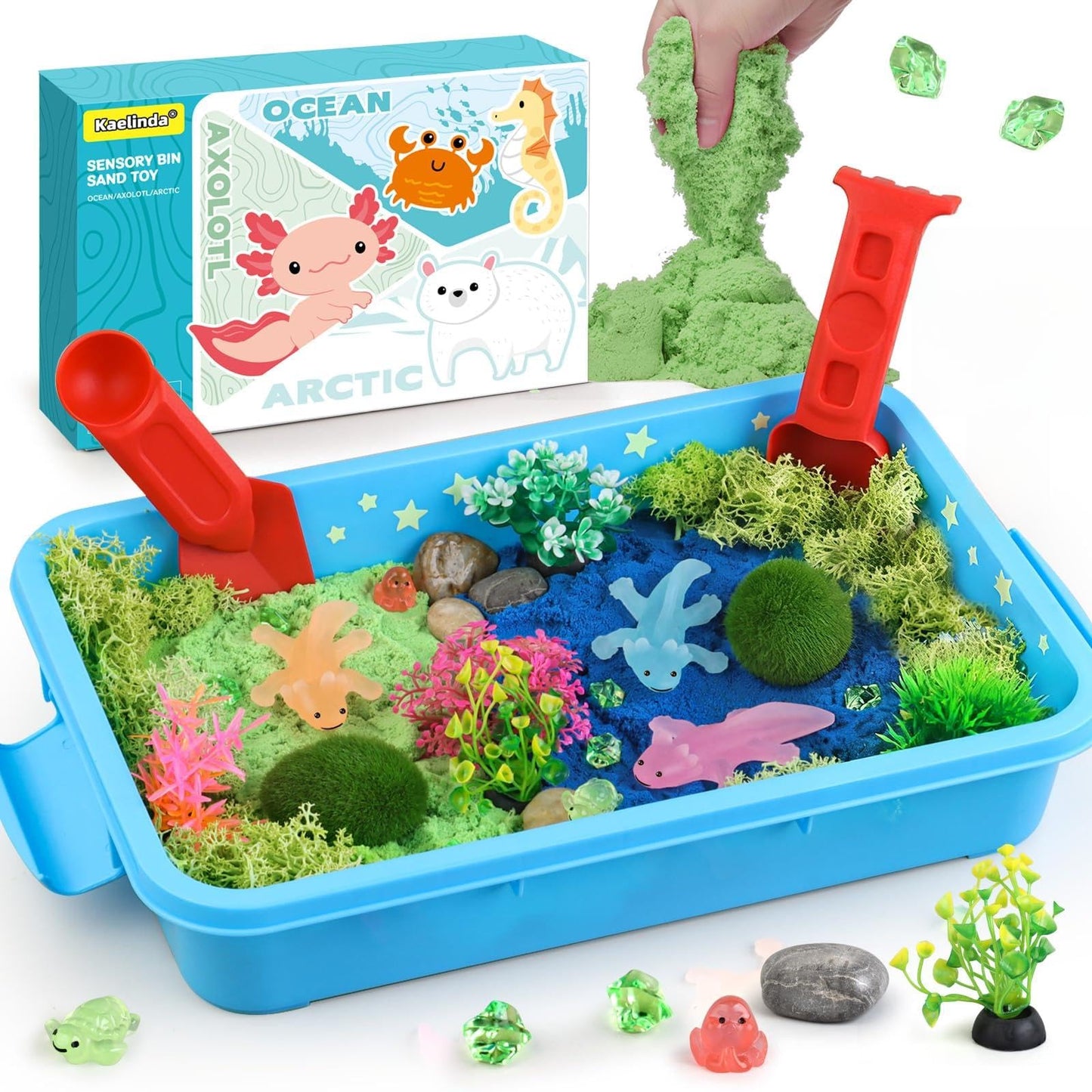 Kaelinda Axolotl Sensory Bin for Kids – Glow Sand Sandbox with Lid