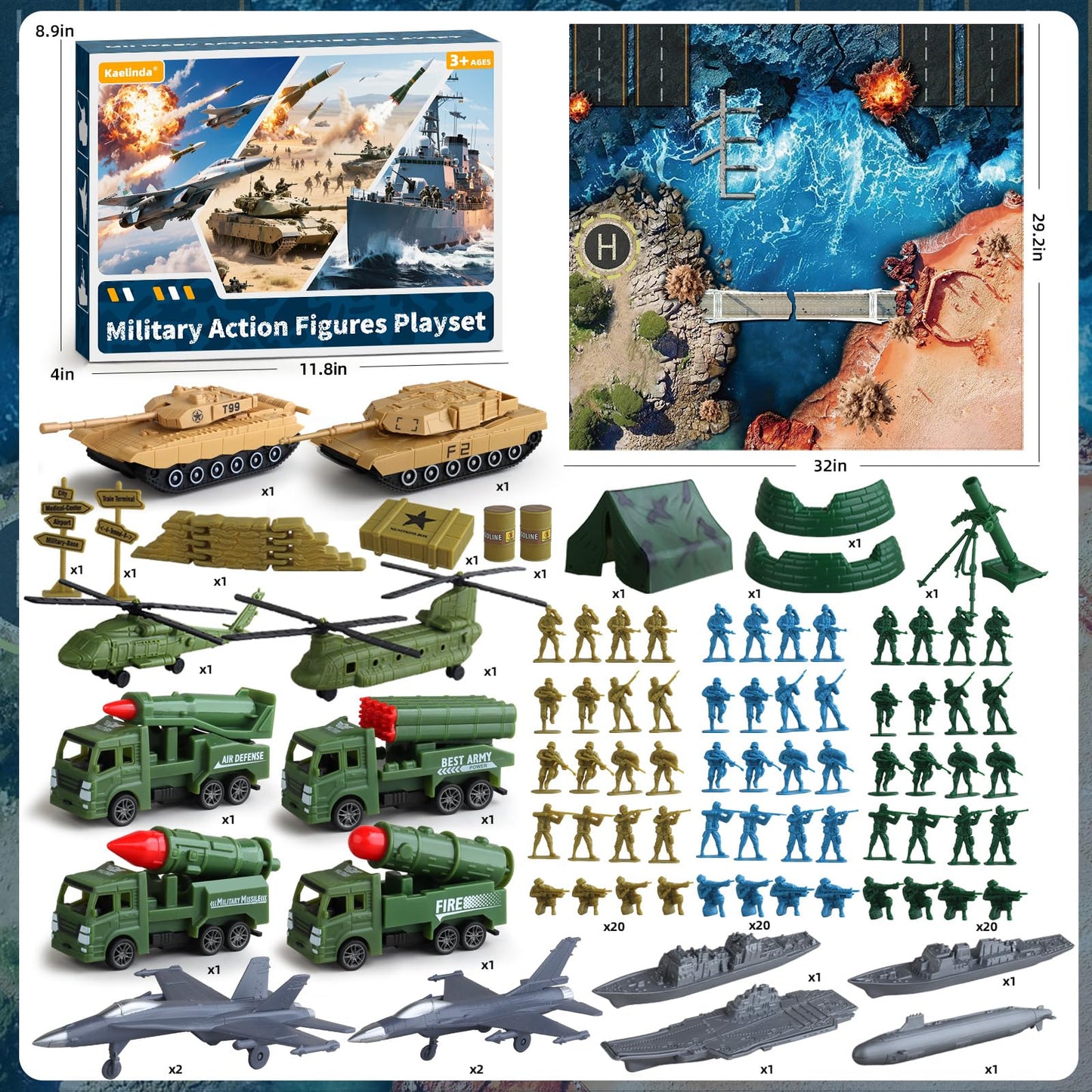 Kaelinda Army Men Action Figures Playset – Military Toys with Battle Mat & Gear for Kids