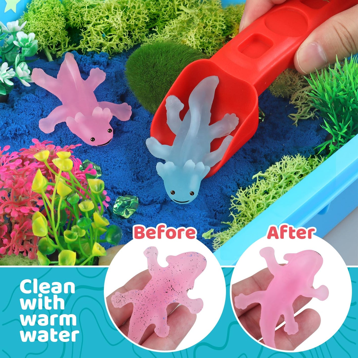 Kaelinda Axolotl Sensory Bin for Kids – Glow Sand Sandbox with Lid