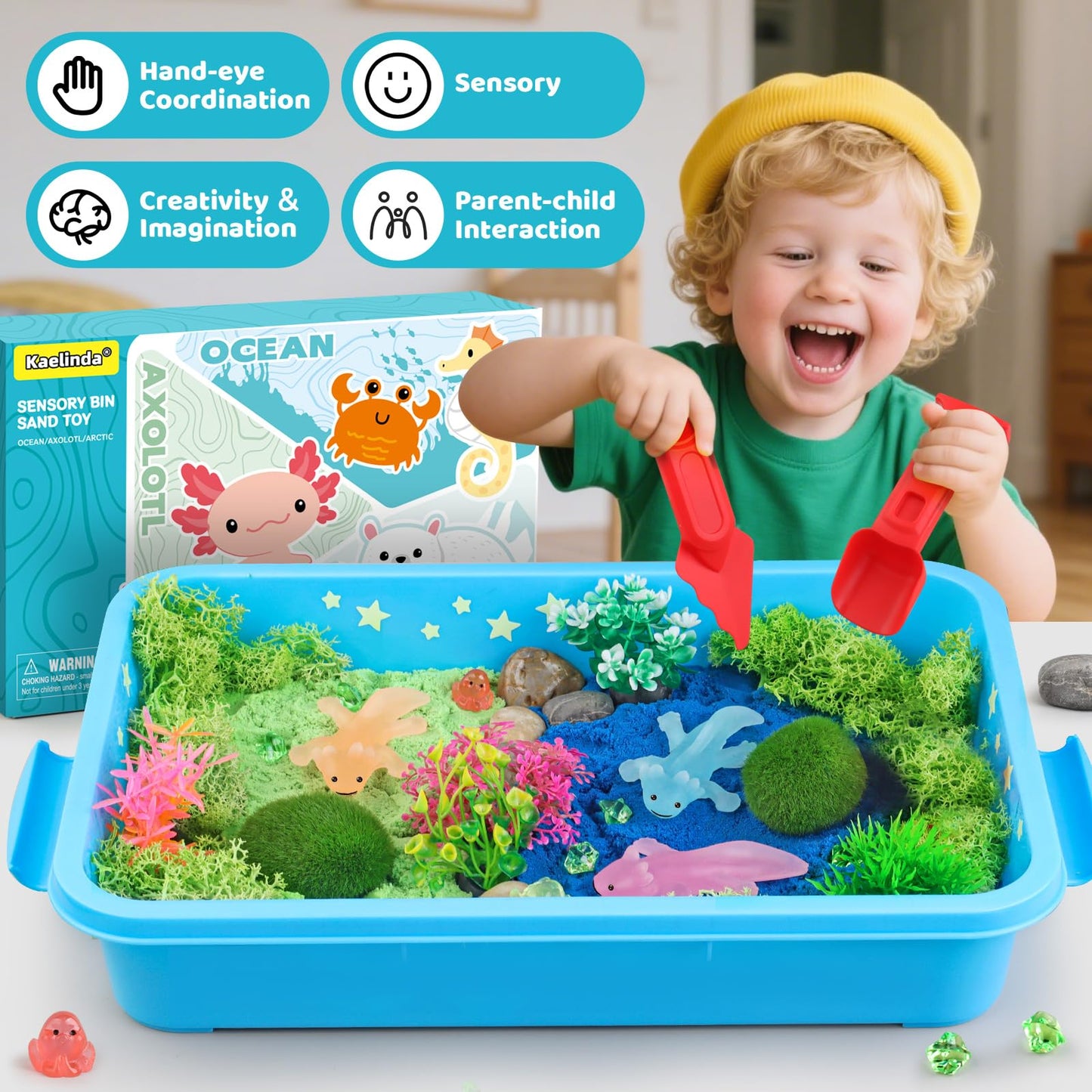 Kaelinda Axolotl Sensory Bin for Kids – Glow Sand Sandbox with Lid