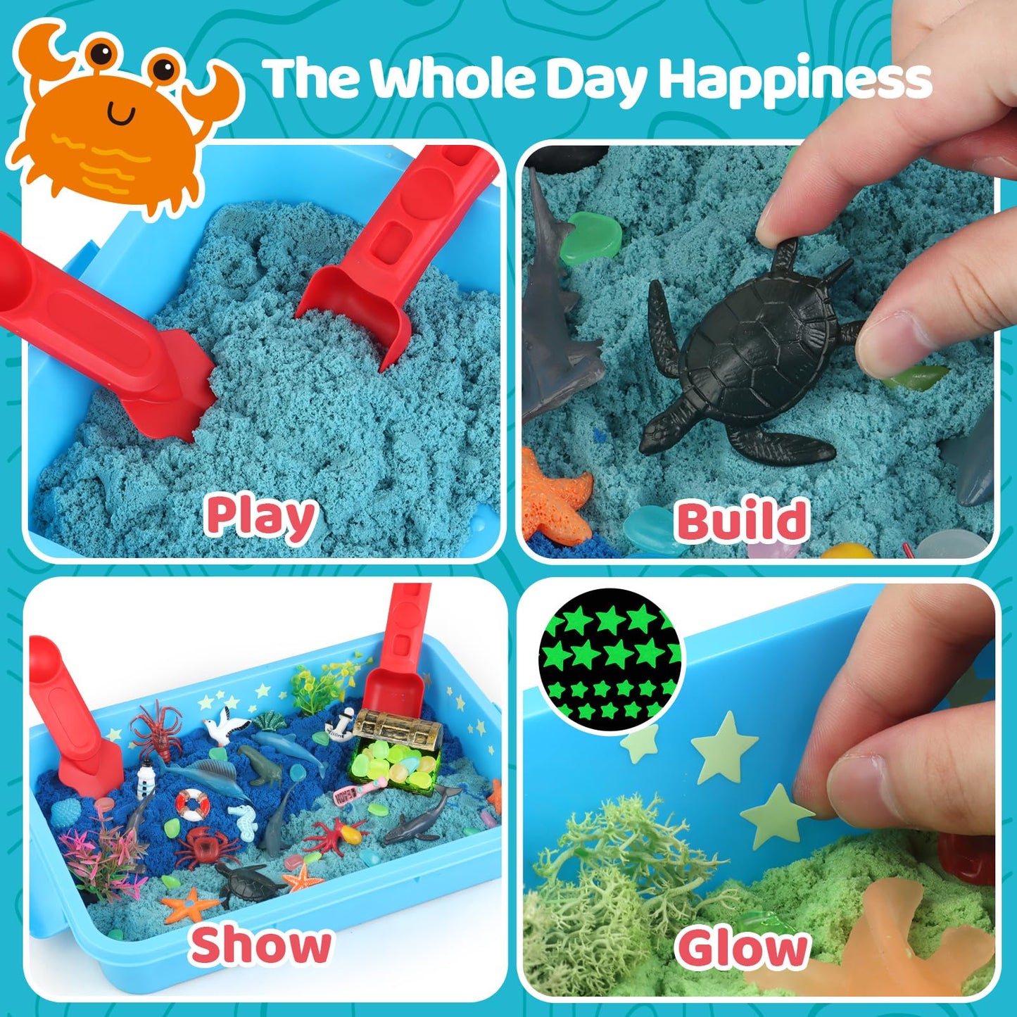 Kaelinda Ocean Sensory Bin — Sea Animals Toys for Kids 3-8, Glow Sand, Mess-Free Play