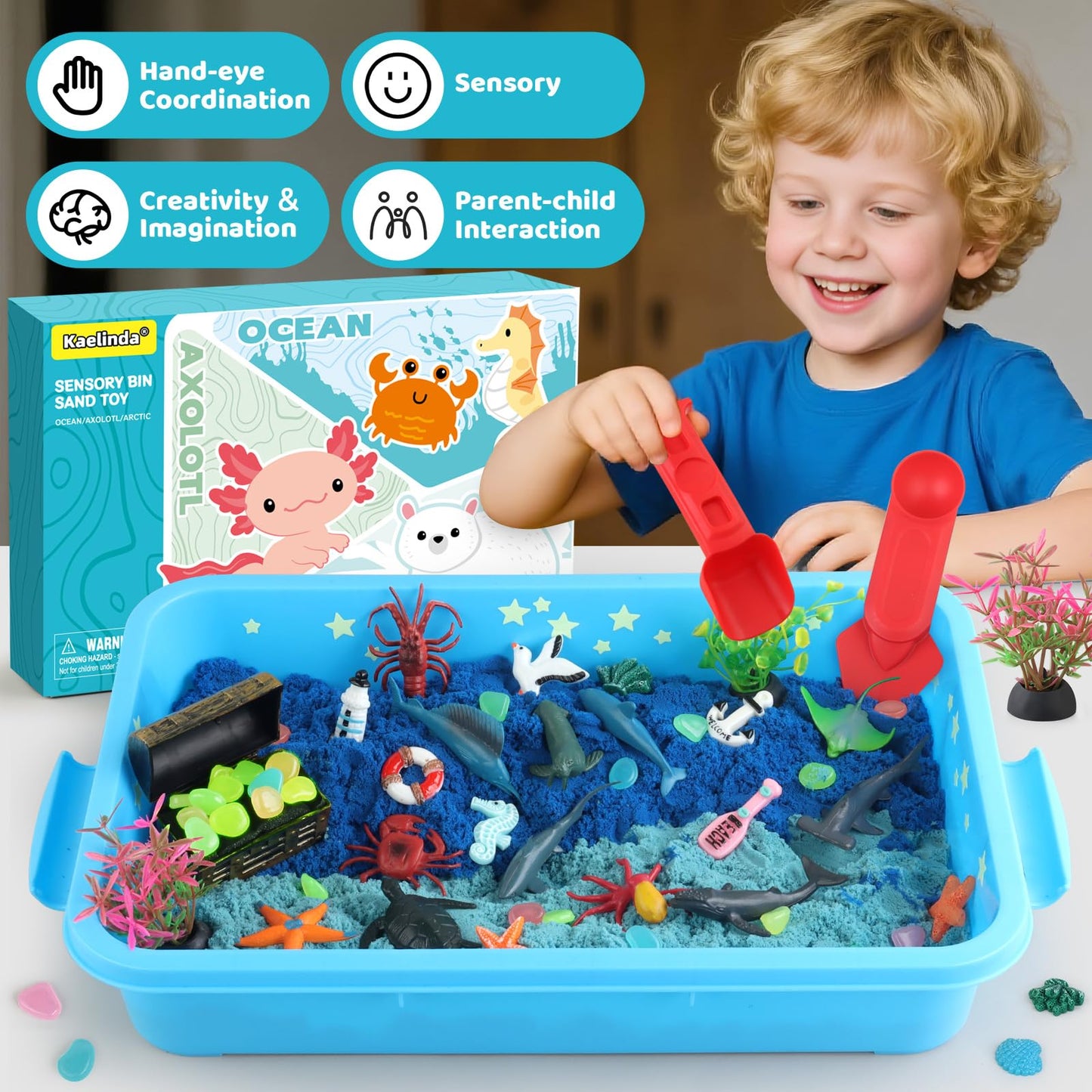 Kaelinda Ocean Sensory Bin — Sea Animals Toys for Kids 3-8, Glow Sand, Mess-Free Play