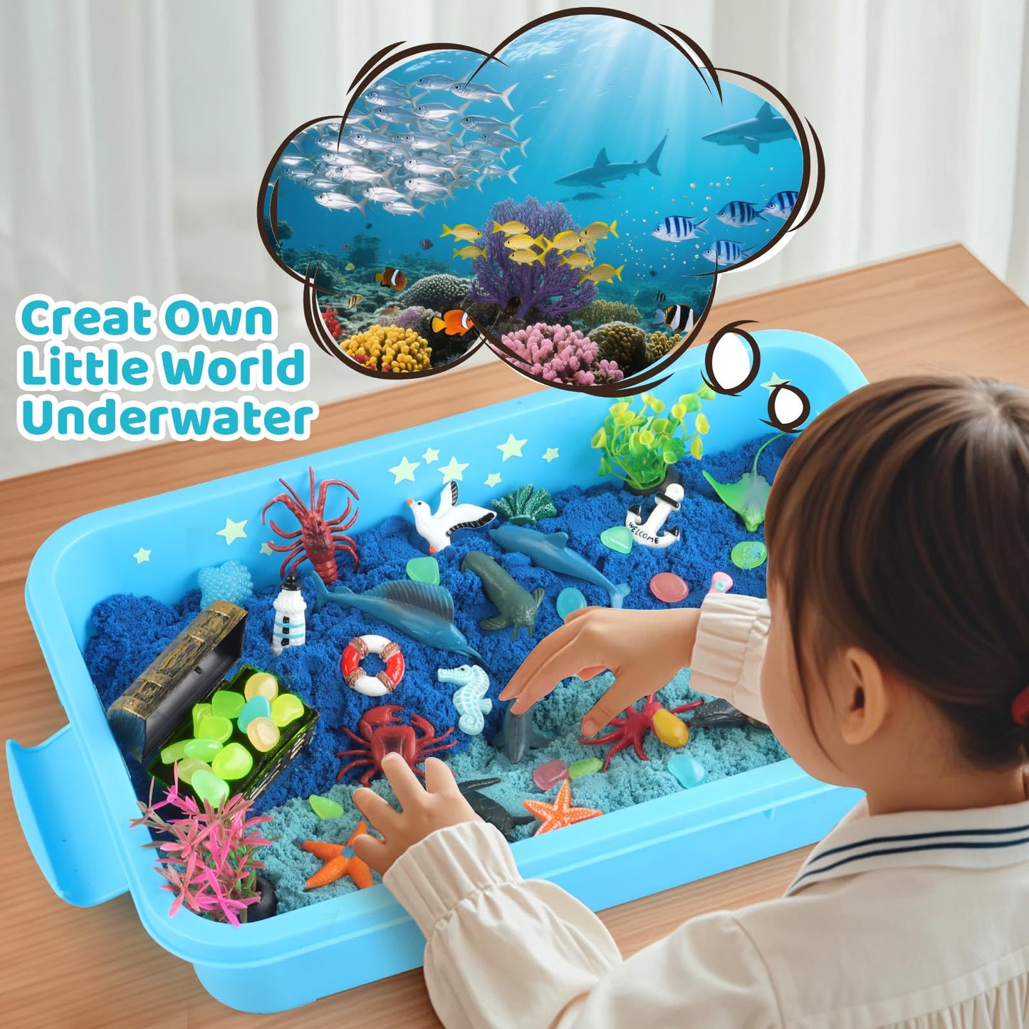 Kaelinda Ocean Sensory Bin — Sea Animals Toys for Kids 3-8, Glow Sand, Mess-Free Play