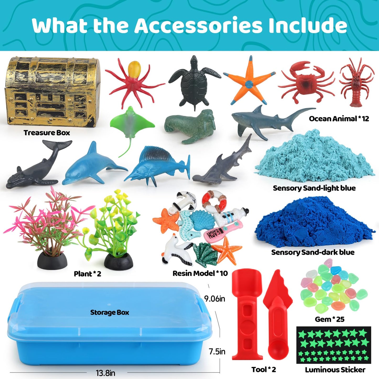Kaelinda Ocean Sensory Bin — Sea Animals Toys for Kids 3-8, Glow Sand, Mess-Free Play