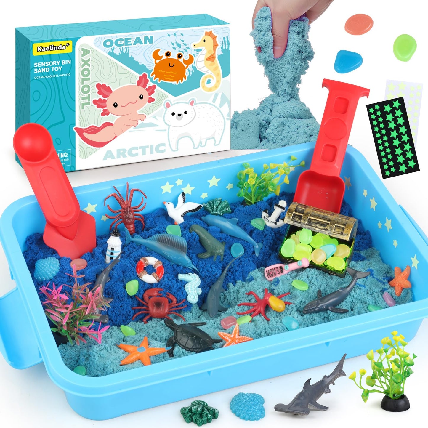 Kaelinda Ocean Sensory Bin — Sea Animals Toys for Kids 3-8, Glow Sand, Mess-Free Play