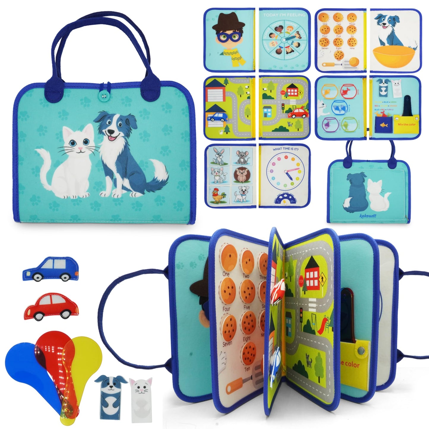 KAHOUETT Montessori Busy Board Book for Toddlers 2-5 | Sensory Travel Quiet Book with Emotions, Numbers & Colors