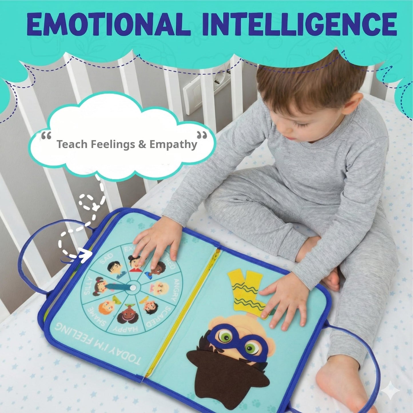 KAHOUETT Montessori Busy Board Book for Toddlers 2-5 | Sensory Travel Quiet Book with Emotions, Numbers & Colors