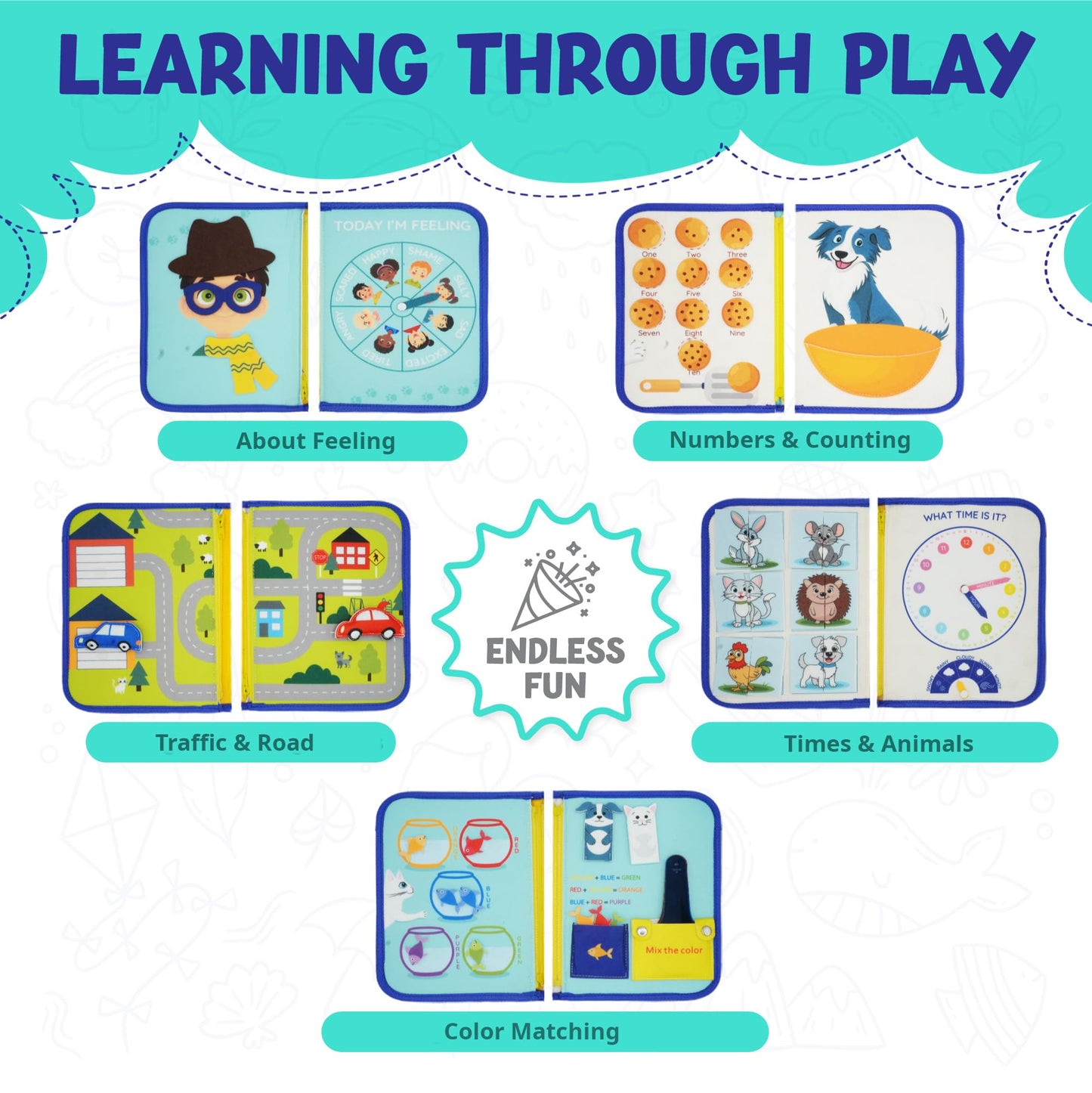 KAHOUETT Montessori Busy Board Book for Toddlers 2-5 | Sensory Travel Quiet Book with Emotions, Numbers & Colors