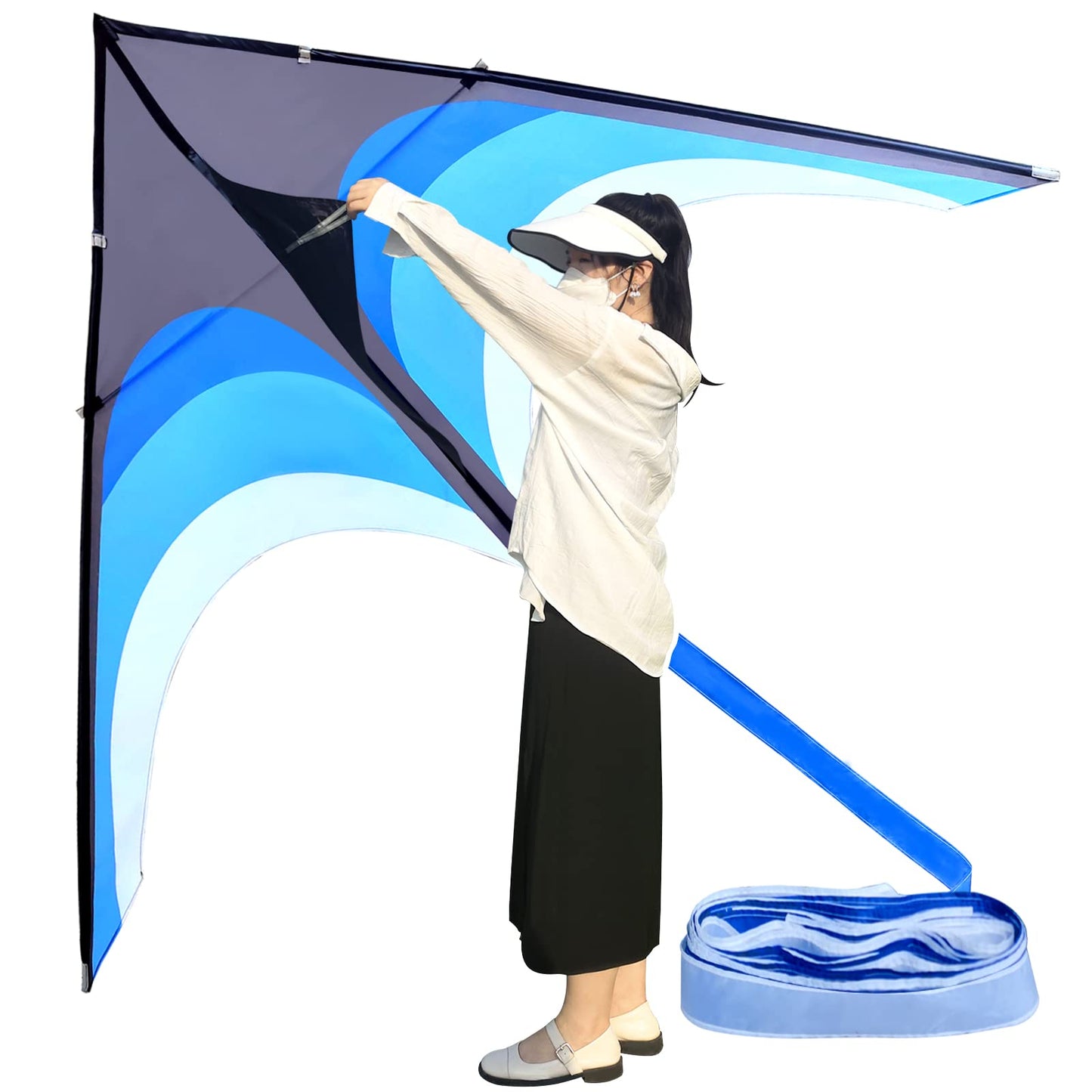 Kaiciuss Huge Delta Kite for Adults – 9ft Giant Single-Line with 30m Tail & 300ft Line (Blue)